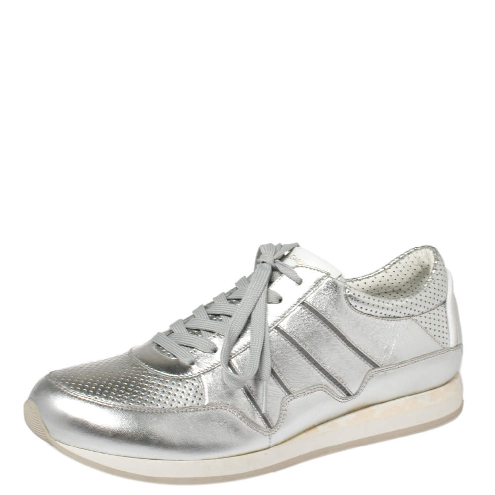 Pre Owned Dolce & Gabbana Metallic Silver Perforated Leather Lace Up Low Top Sneakers Size 43.5