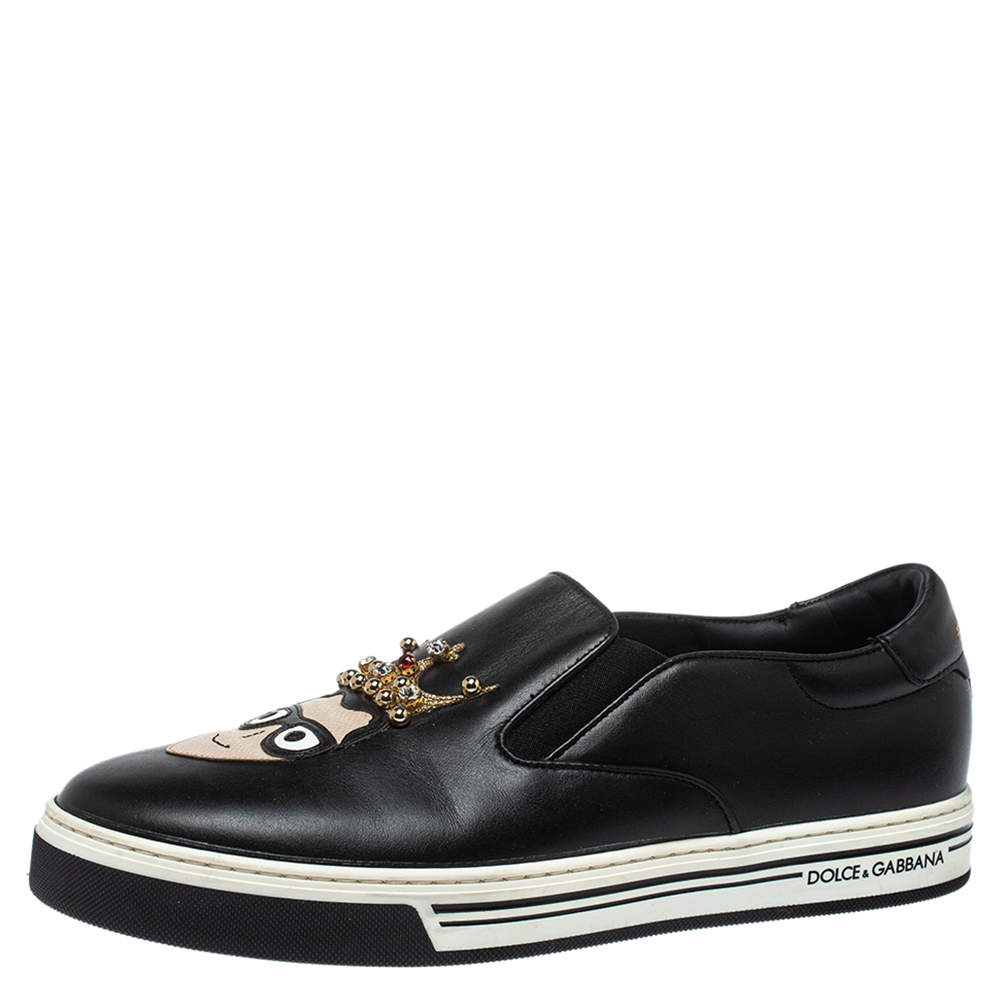Dolce & Gabbana Black Leather Family Slip On Sneakers Size 42