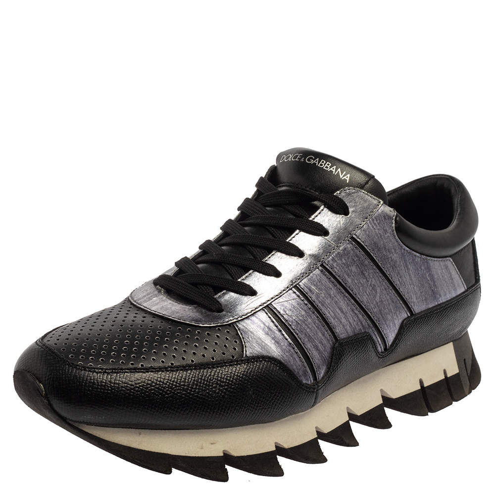 مملوكة مسبقًا Dolce & Gabbana Black/Silver Perforated Leather And Suede Sorrento Lace Up Sneakers Size 43