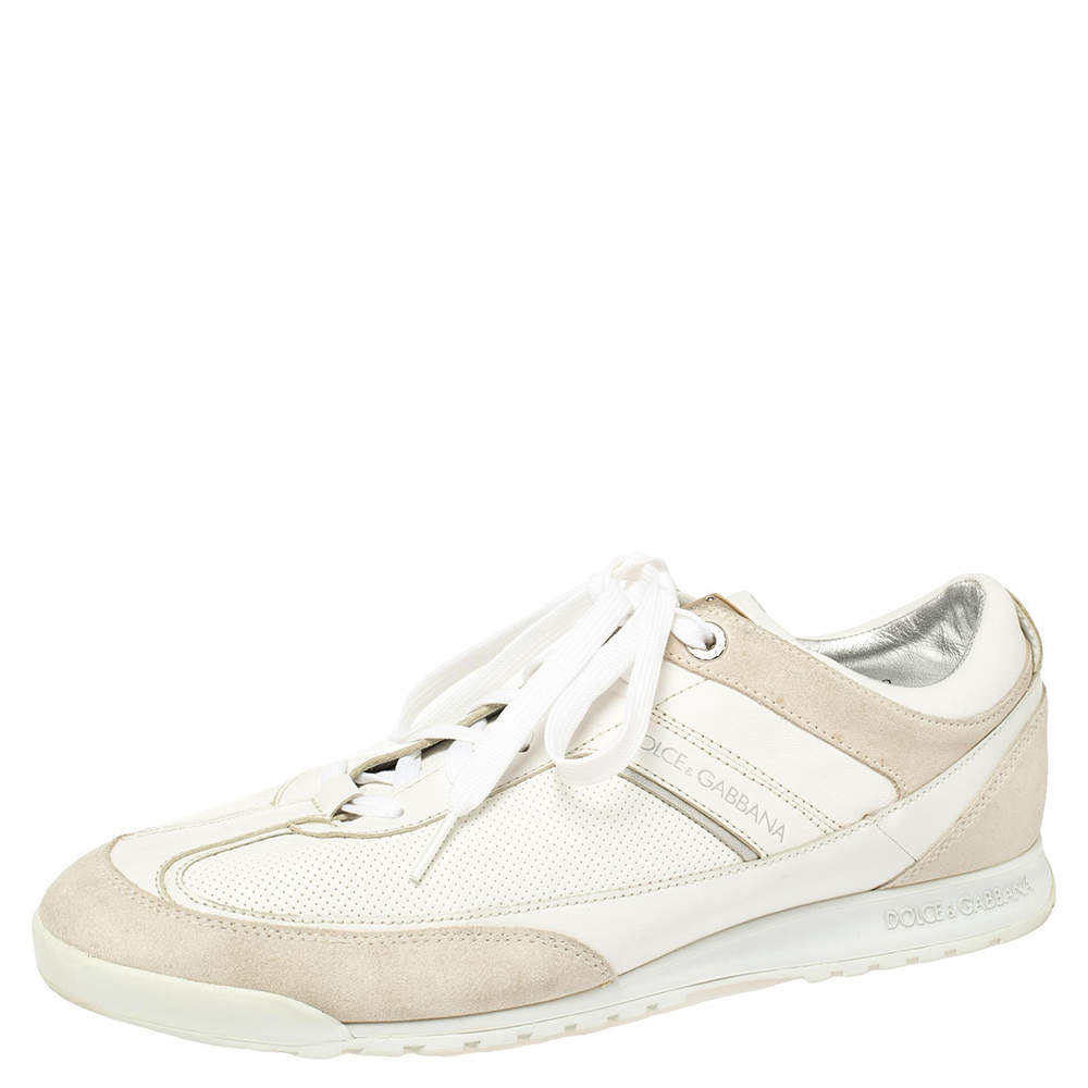Pre Owned حذاء رياضي دولتشي أند غابانا جلد أبيض مثقب وسويدي برباط مقاس 43