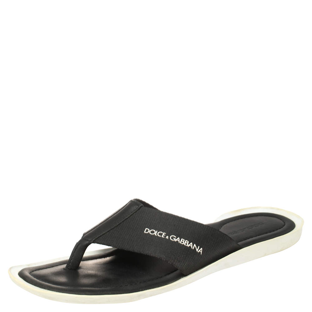 Pre Owned Dolce & Gabbana Black Nylon And Leather Thong Flat Sandals Size 42