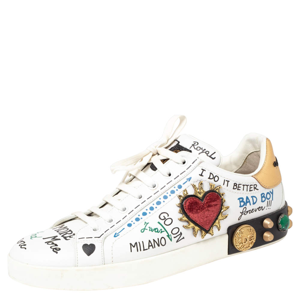 Pre Owned Dolce & Gabbana White Leather Graffiti Print Portofino Low Top Sneakers Size 45