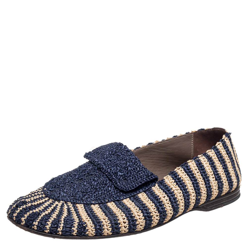 Pre Owned Dolce & Gabbana Blue-Beige Woven Fabric And Leather Smoking Slippers Size 41