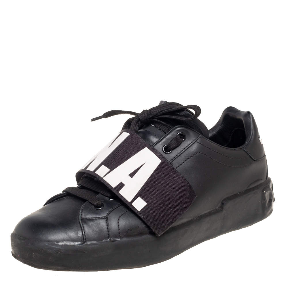 مملوكة مسبقًا Dolce & Gabbana Black Leather Portofino Low Top Sneakers Size 43