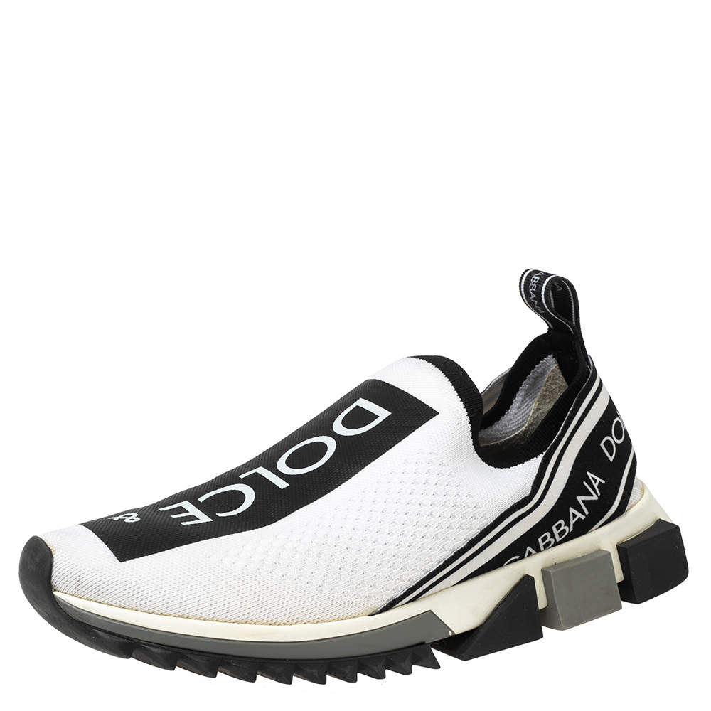 Pre Owned Dolce & Gabbana White/Black Stretch Fabric Logo Sorrento Slip On Sneakers Size 42