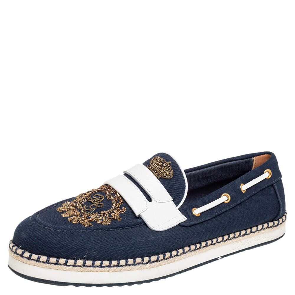 مملوكة مسبقًا Dolce & Gabbana Navy Blue/White Canvas and Leather Botticelli Embroidered Loafers Size 44