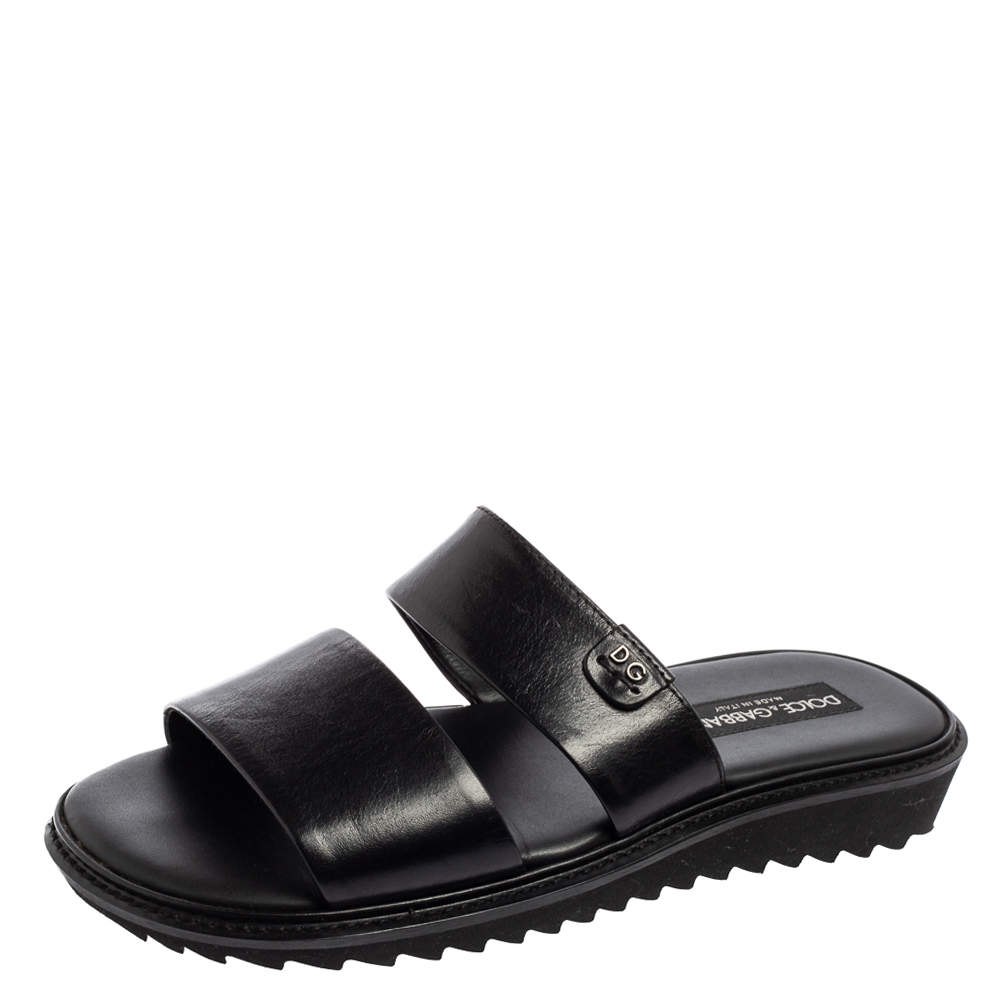 Pre Owned Dolce & Gabbana Black Leather Flats Sandals Size 40 