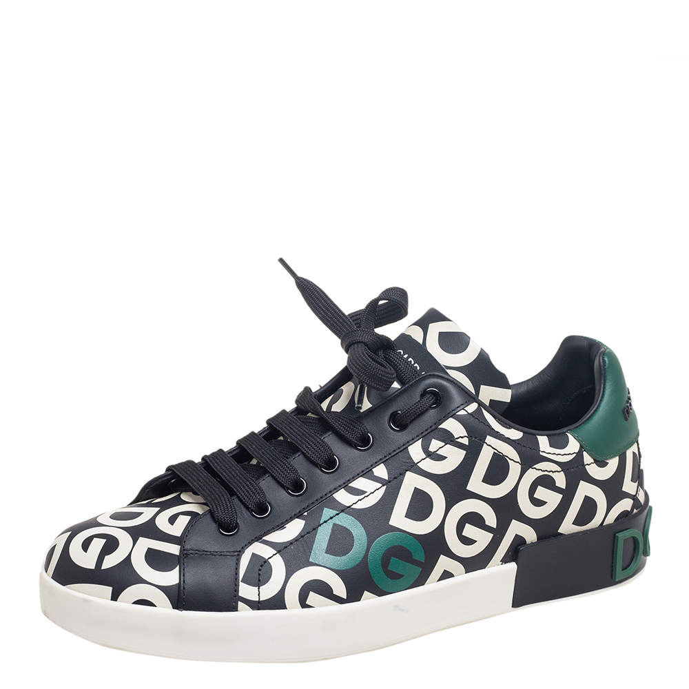 Pre Owned Dolce & Gabbana Black/Green Leather DG Mania Low-Top Sneakers Size 42.5