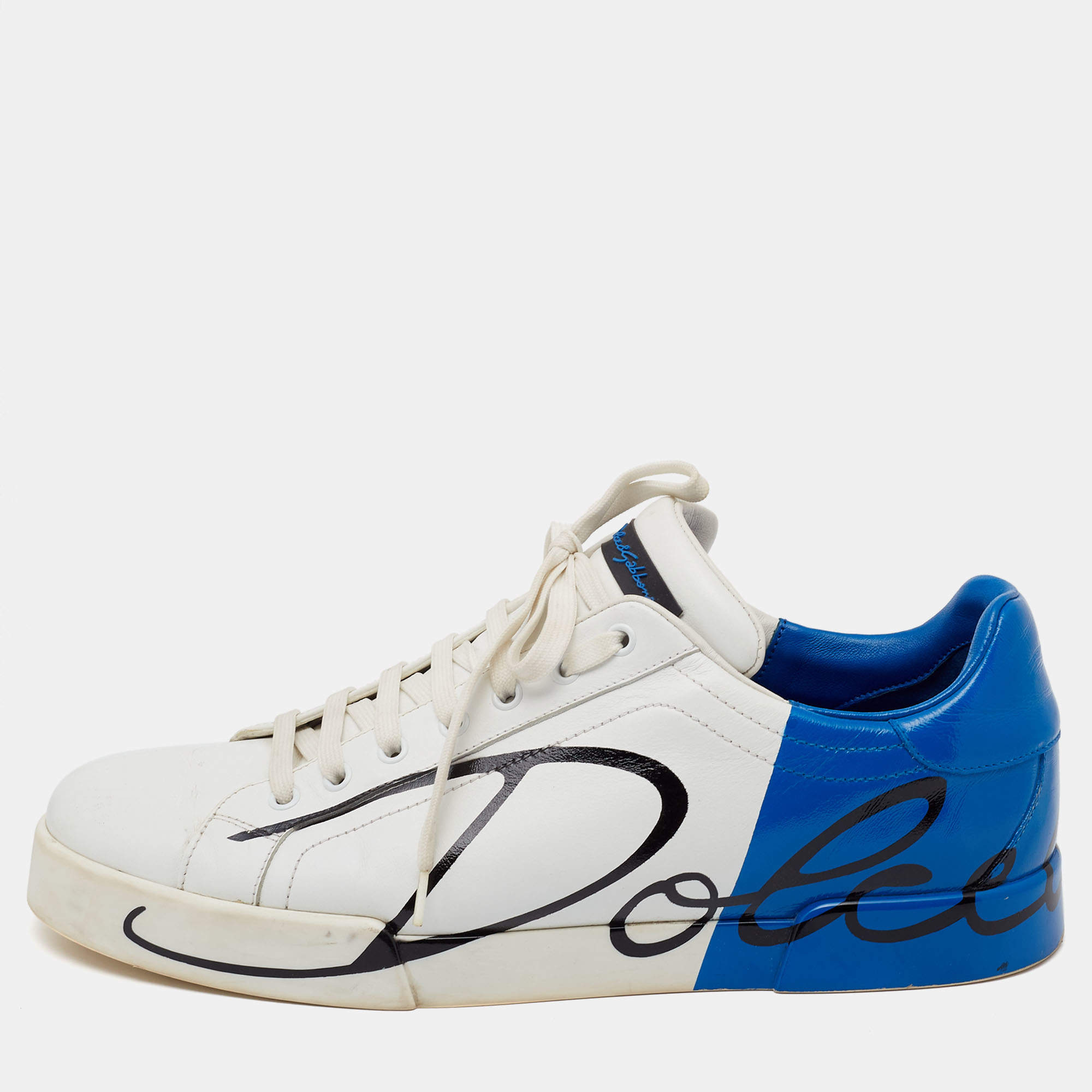Pre Owned Dolce & Gabbana White/Blue Leather Portofino Sneakers Size 44 