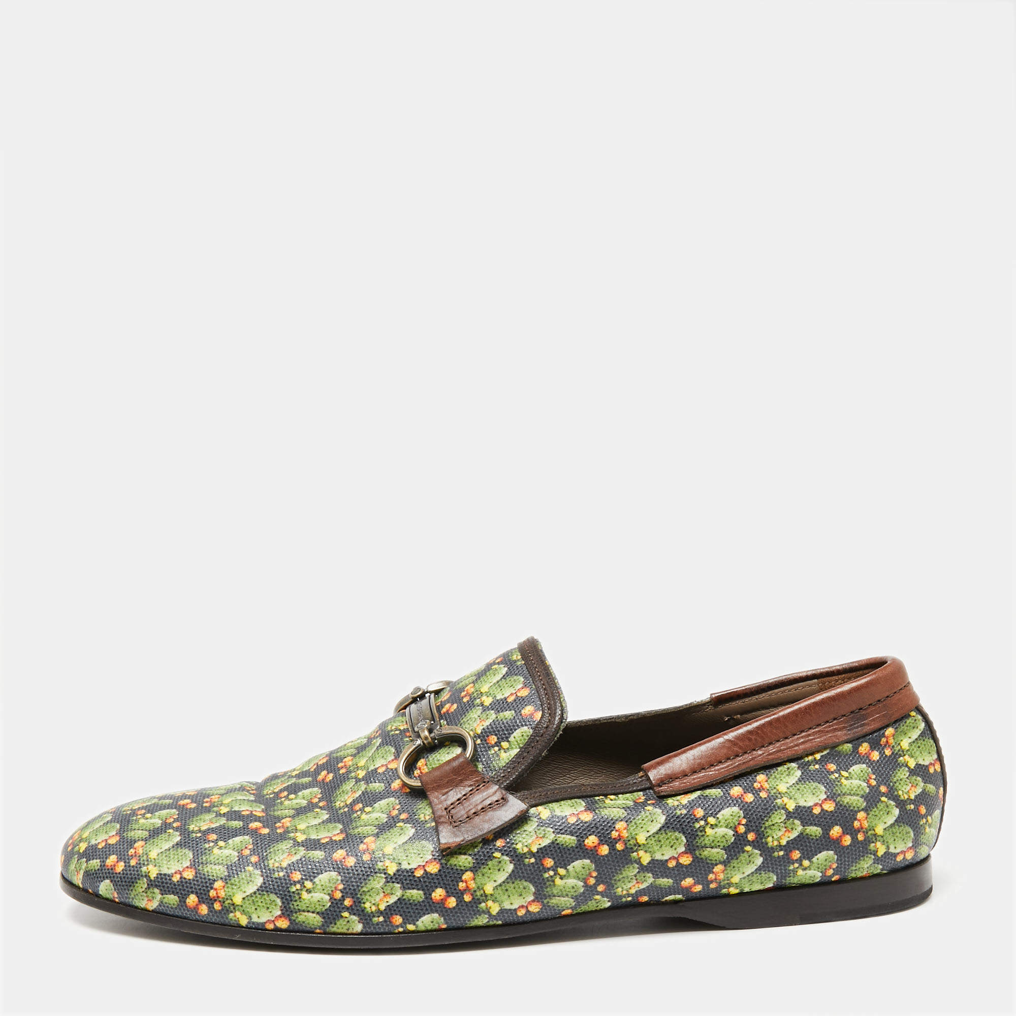 مملوكة مسبقًا Dolce & Gabbana Green Cactus Print Canvas and Leather Amalfi Smoking Slippers Size 43