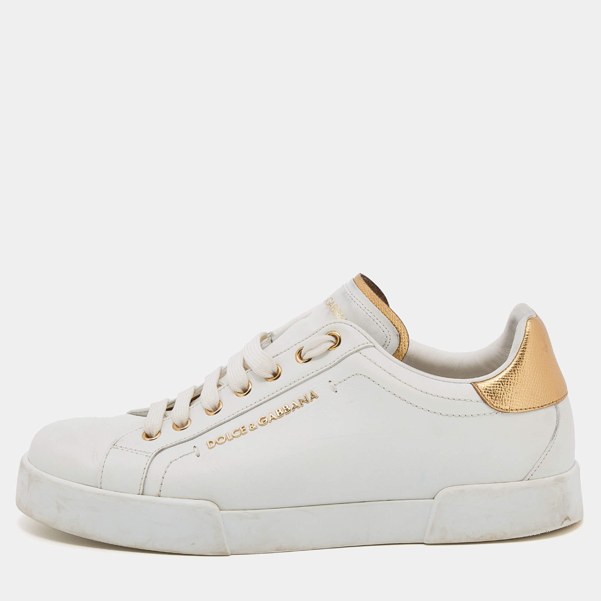 مملوكة مسبقًا Dolce & Gabbana White/Gold Leather Portofino Logo Low Top Sneakers Size 41
