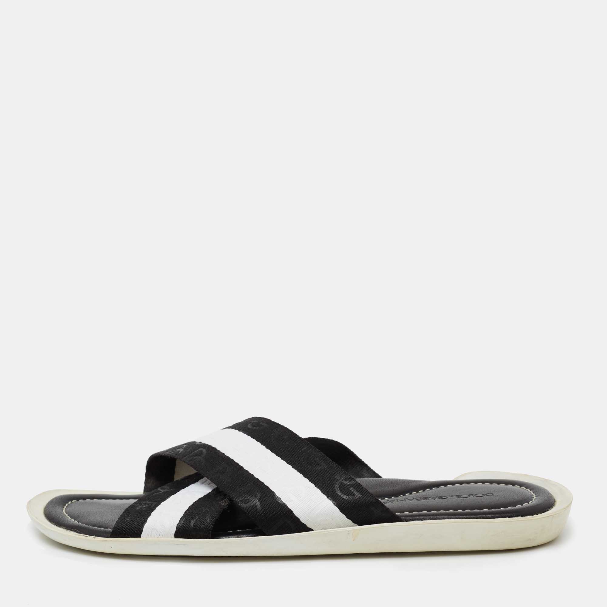 Dolce & Gabbana Black/White Canvas Cross Strap Flat Slides Size 41