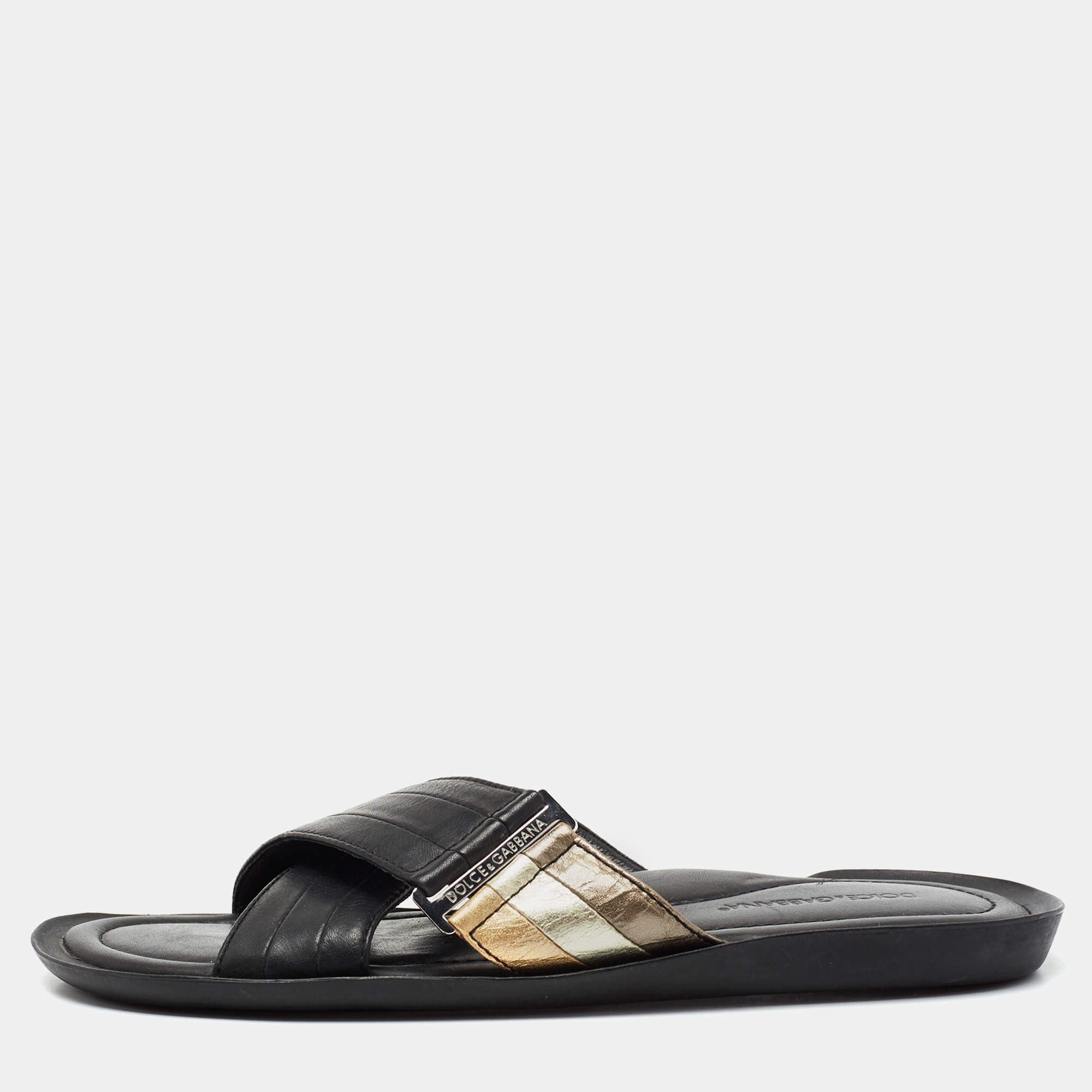 Dolce & Gabbana Black Leather Criss Cross Strap Flat Sandals Size 42 