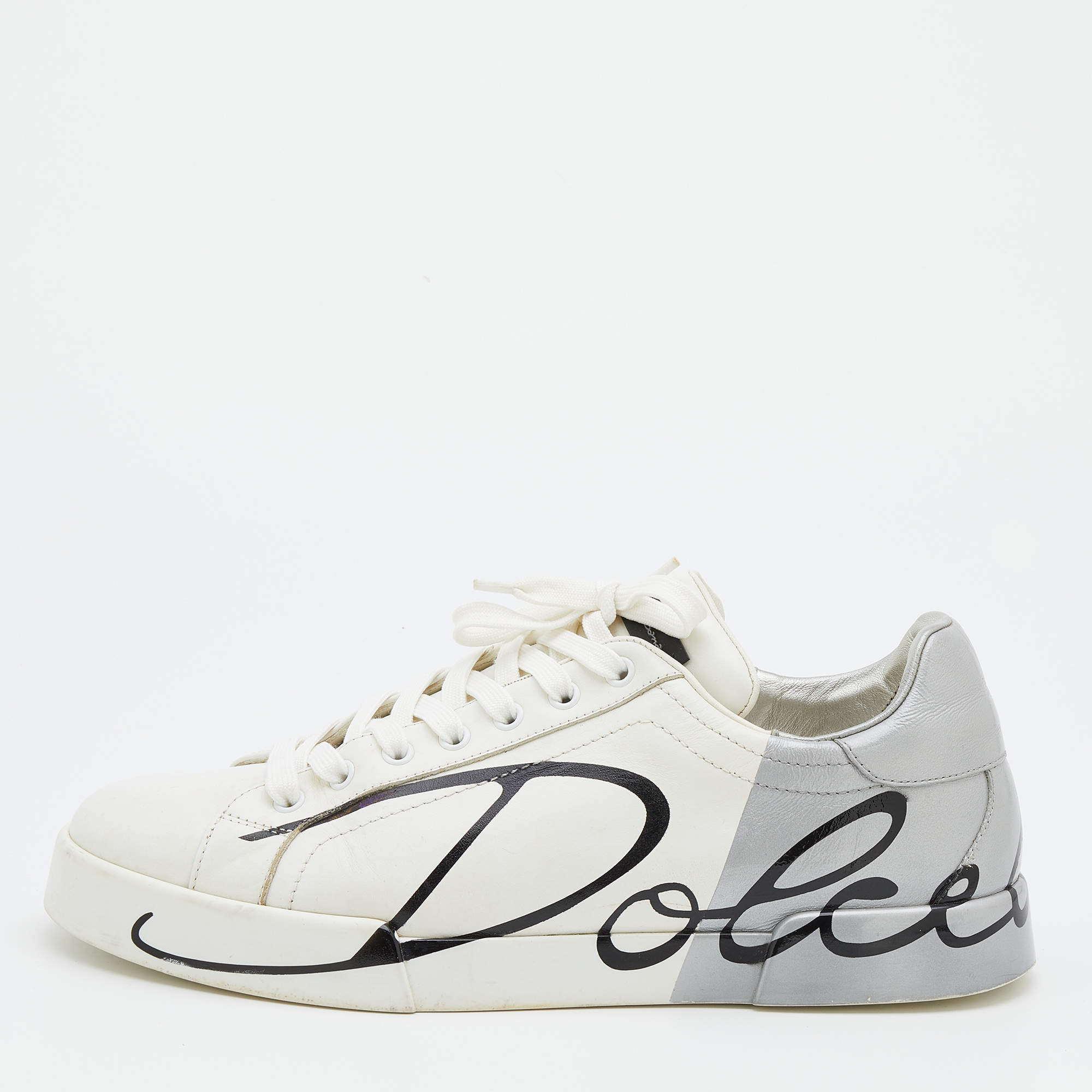 Pre Owned Dolce & Gabbana White/Silver Logo Printed Leather Low Top Sneakers Size 43
