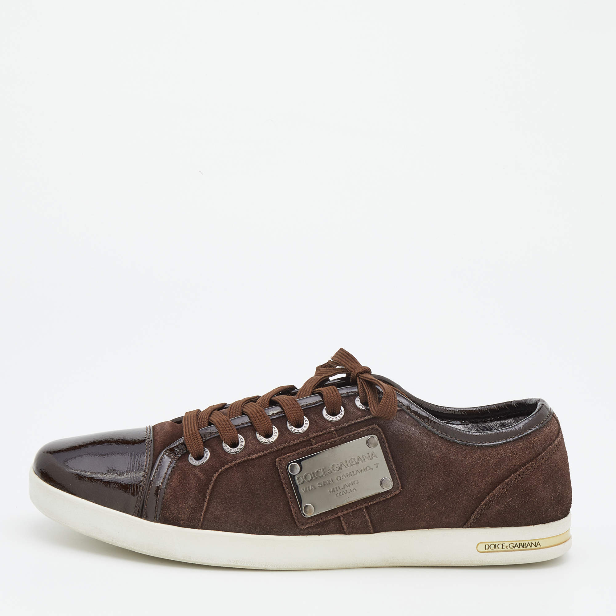 Pre Owned Dolce & Gabbana Dark Brown Suede And Patent Leather Logo Plague Low Top Sneakers Size 42