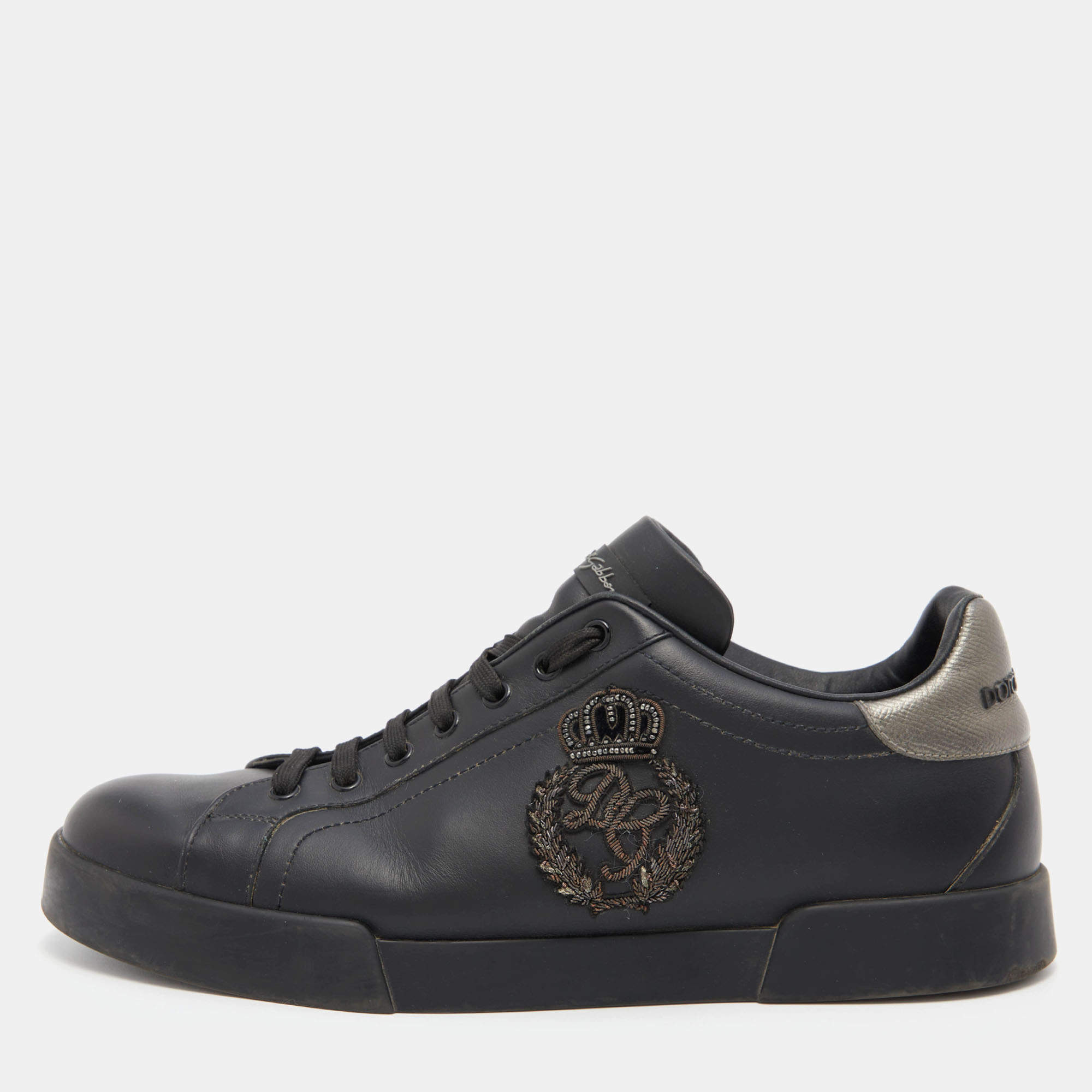 Dolce & Gabbana Black Leather Patch Portofino Low Top Sneakers Size 44