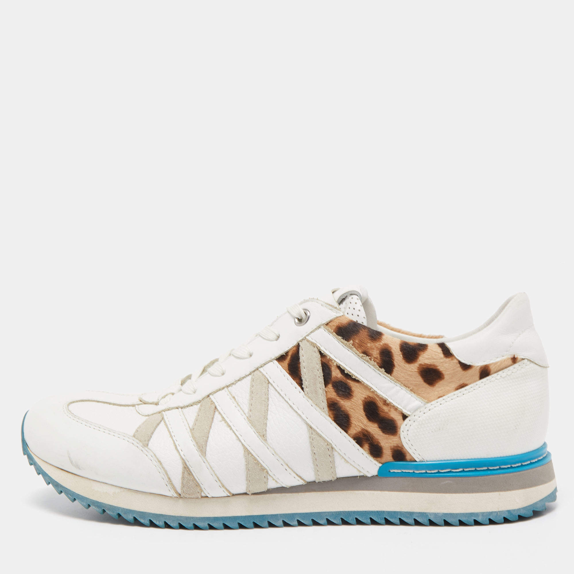 Pre Owned Dolce & Gabbana White Leather Leopard Print Nigeria Low Top Sneakers Size 42