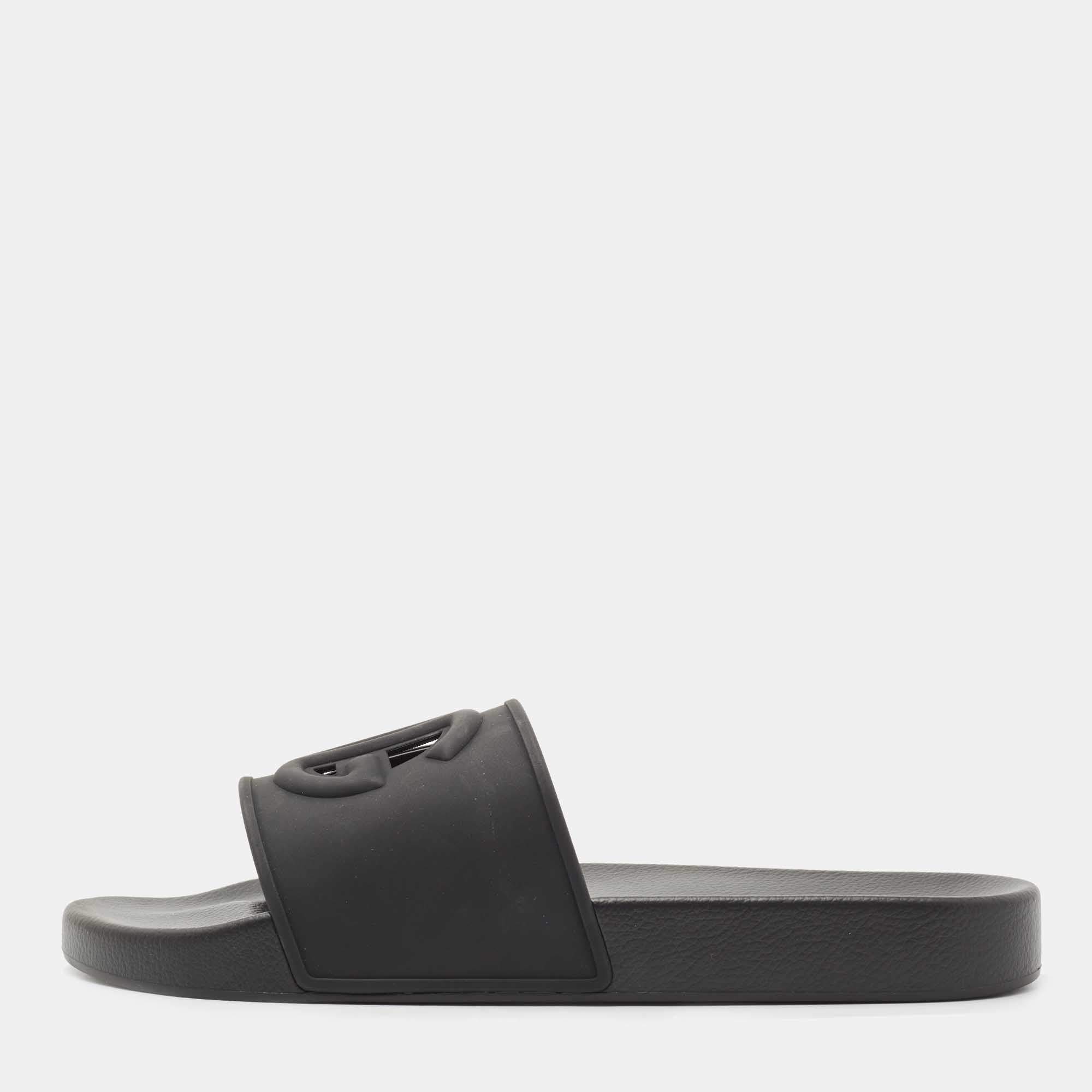Dolce & Gabbana Black Rubber DG Logo Slide Flats Size 45