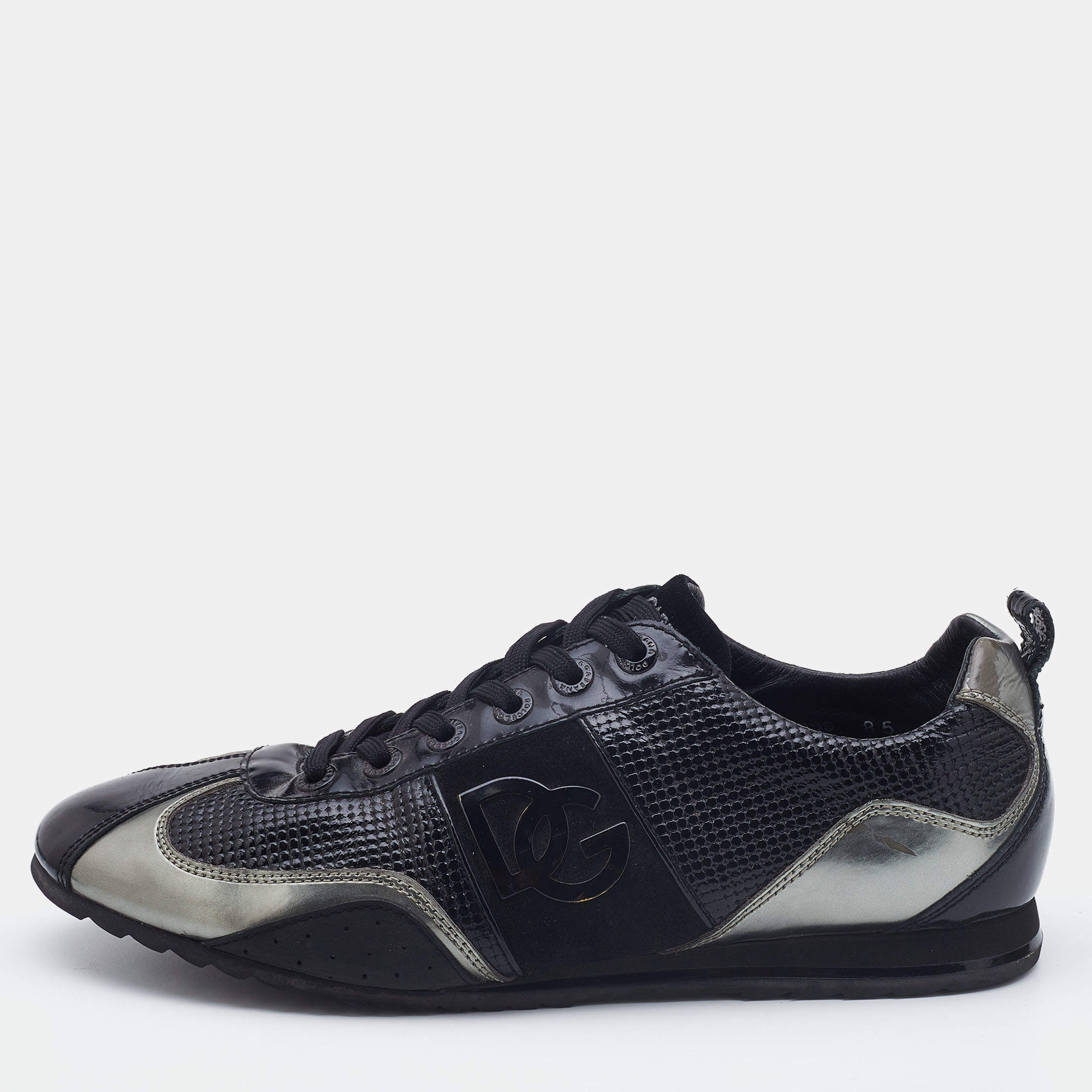 Pre Owned حذاء رياضي دولتشي آند غابانا جلد لامع أسود/ فضي ميتاليك بعنق منخفض مقاس 44