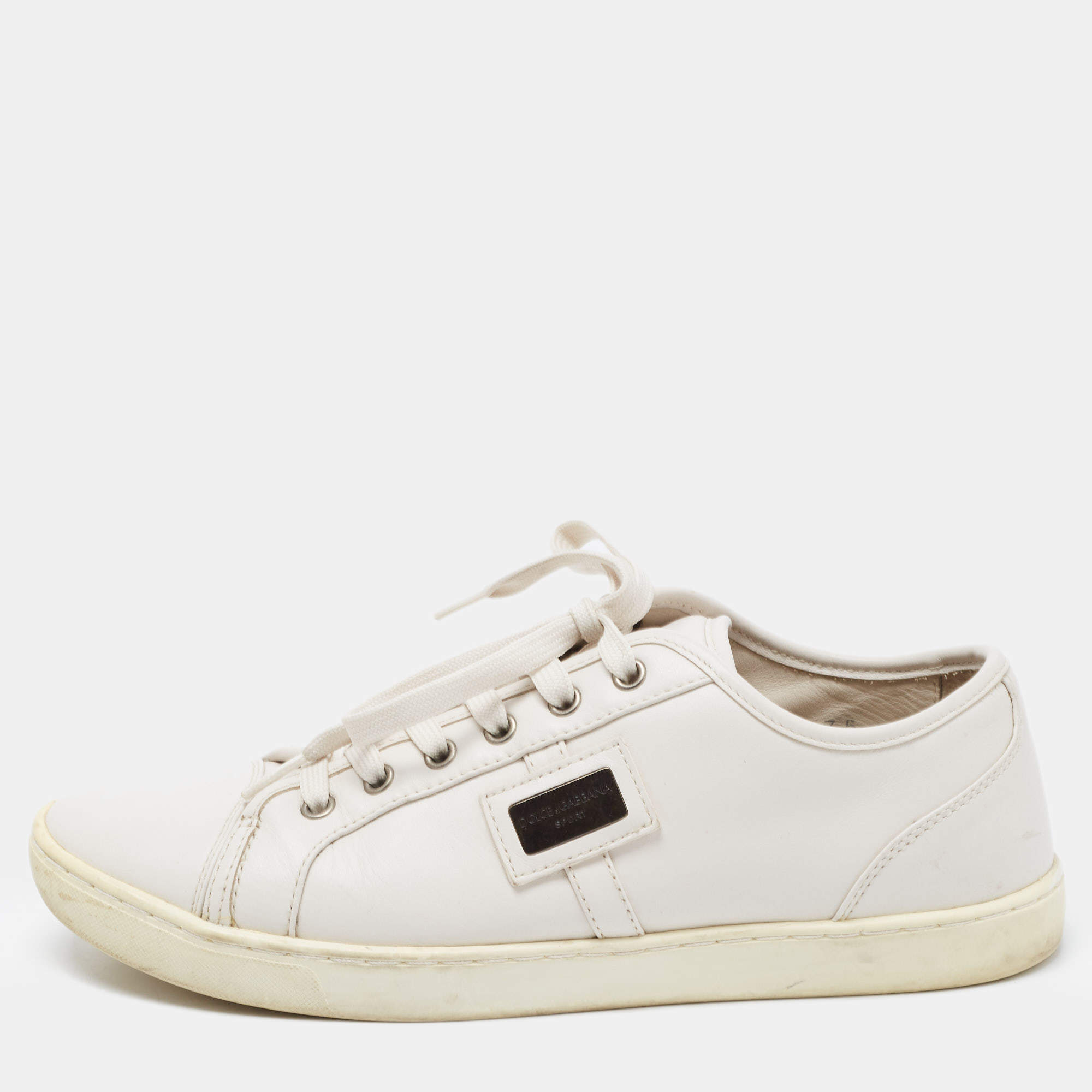 مملوكة مسبقًا Dolce & Gabbana White Leather Lace Low Top Sneakers Size 41.5