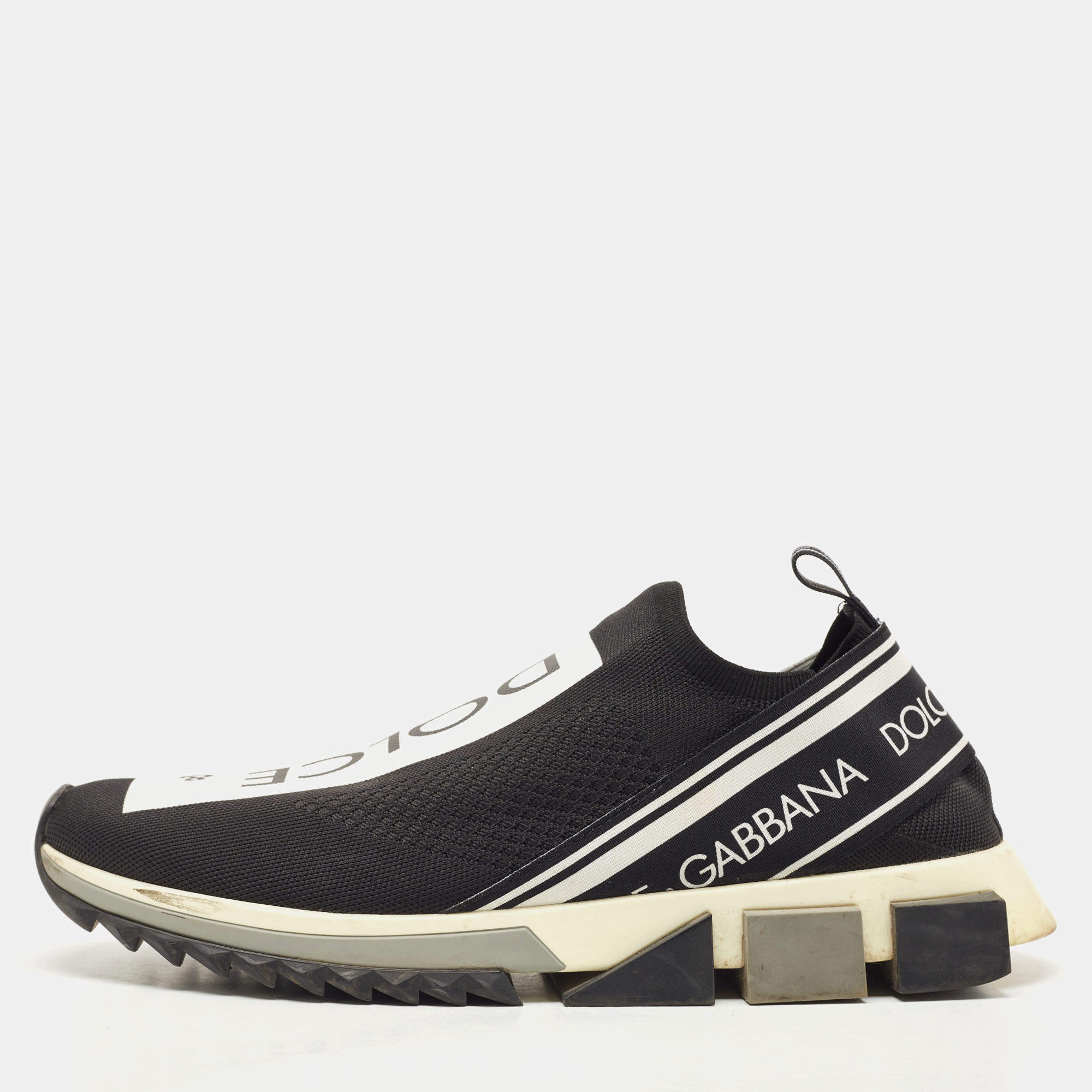 Pre Owned Dolce & Gabbana Black/White Logo Print Knit Fabric Sorrento Slip On Sneakers Size 46