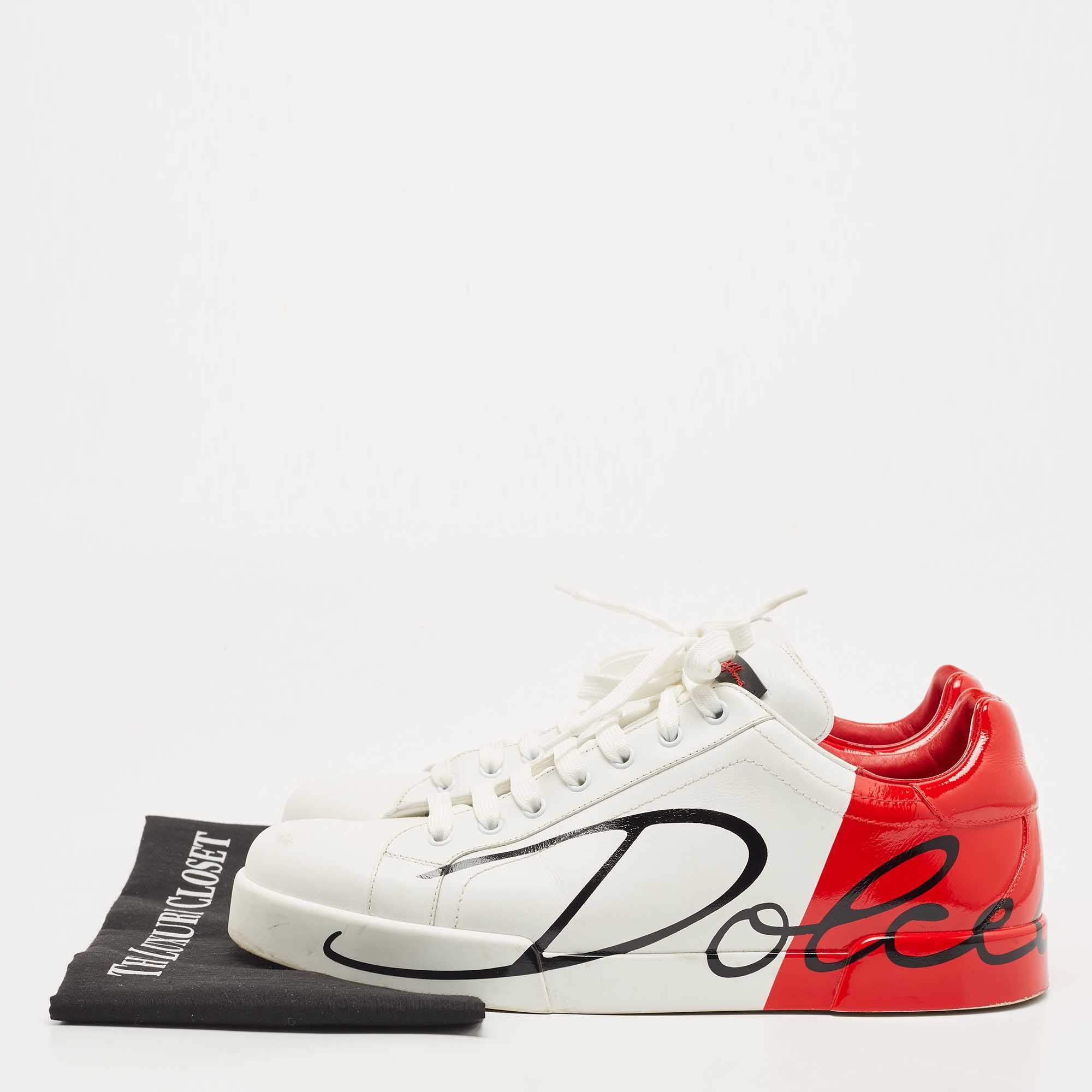 Dolce Gabbana White Red Leather and Patent Logo Print Portofino