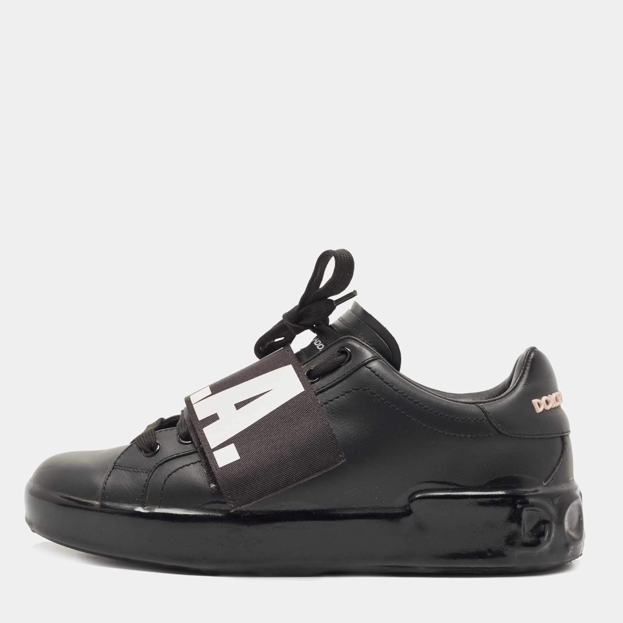 Pre Owned Dolce & Gabbana Black Leather Elastic Logo Low Top Sneakers Size 40