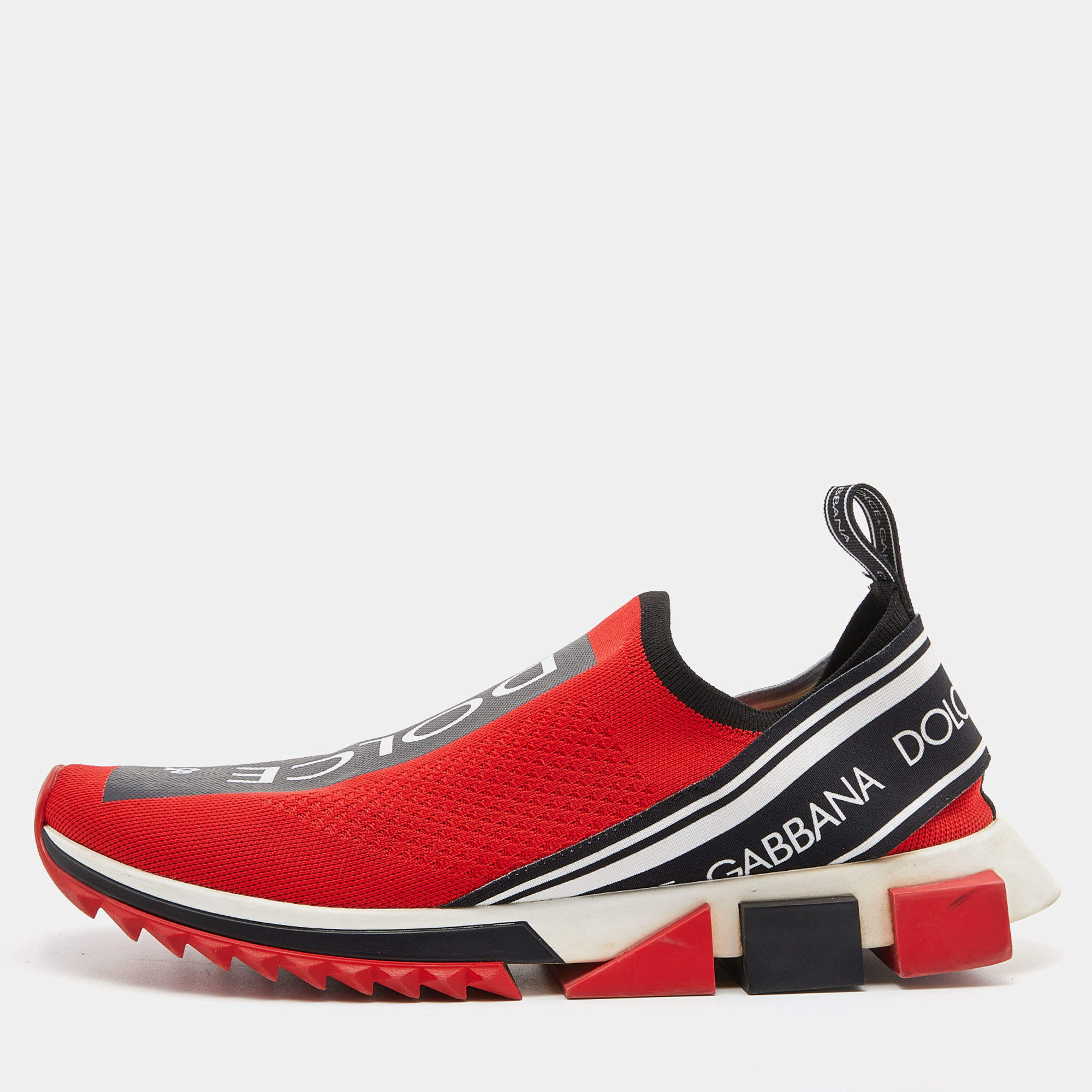 Pre Owned Dolce & Gabbana Red Fabric Graffiti Logo Sorrento Slip On Sneakers Size 45