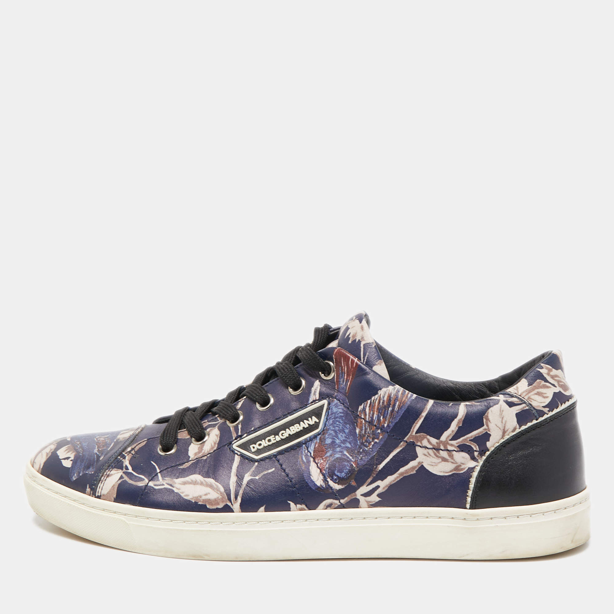 Pre Owned Dolce & Gabbana Navy Blue/Black Floral Print Leather Low Top Sneakers Size 41.5