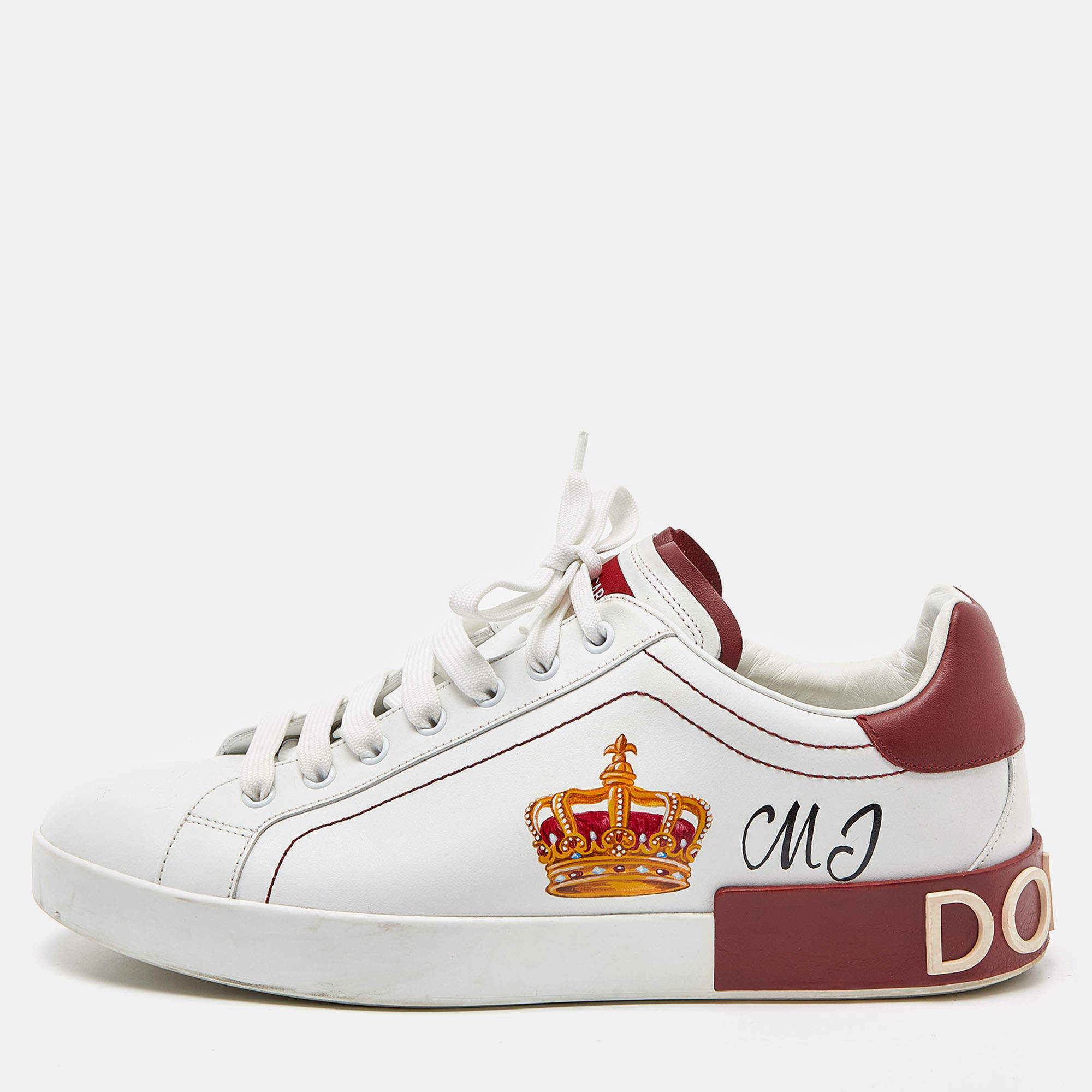 Dolce & Gabbana White/Dark Red Leather Crown Print Portofino Sneakers Size 43