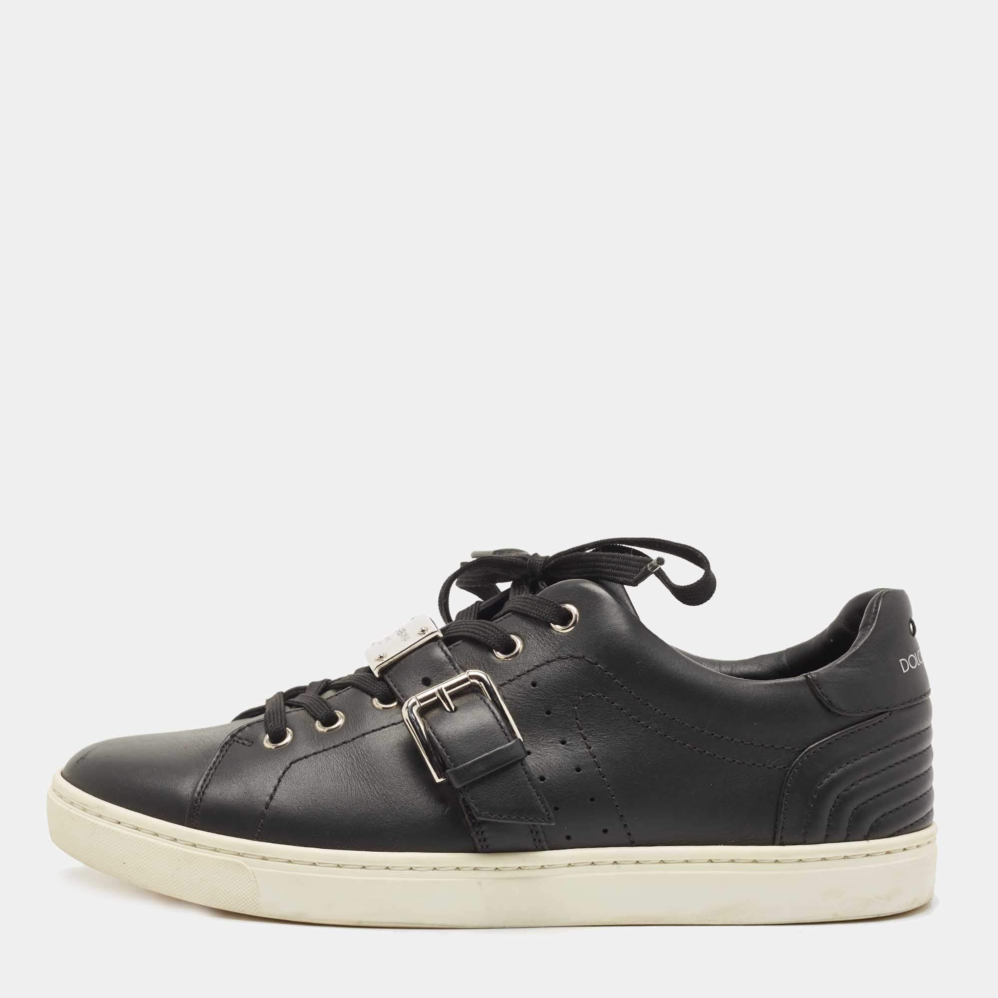 Pre Owned Dolce & Gabbana Black Leather Whipstitch Trim Sneakers Size 41.5