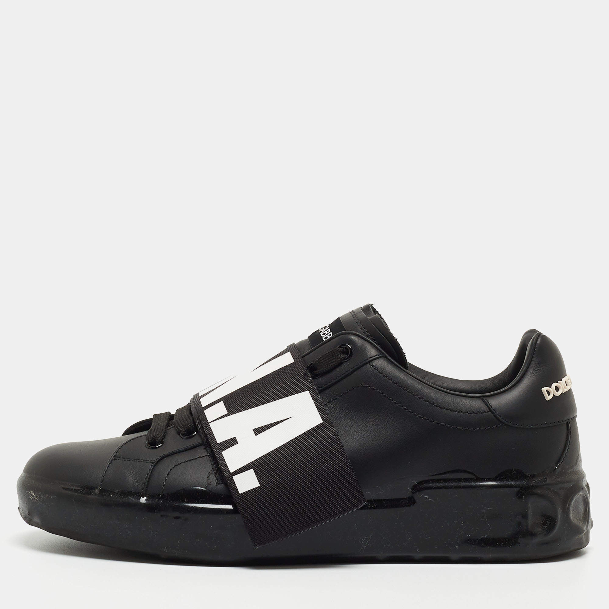 Pre Owned Dolce & Gabbana Black Leather Elastic Logo Low Top Sneakers Size  42