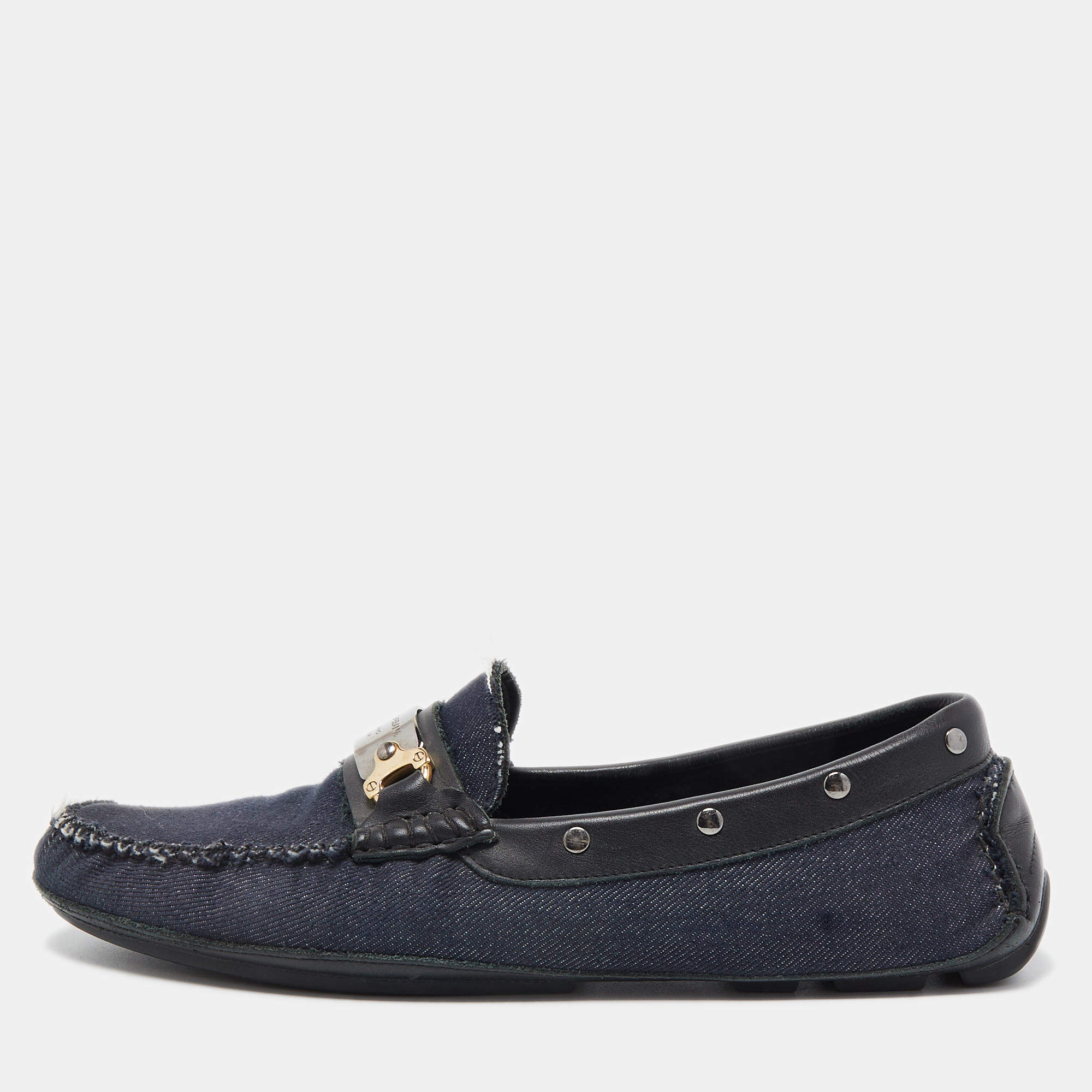 Dolce & Gabbana Navy Blue/Black Denim and Studded Leather Loafers Size 40