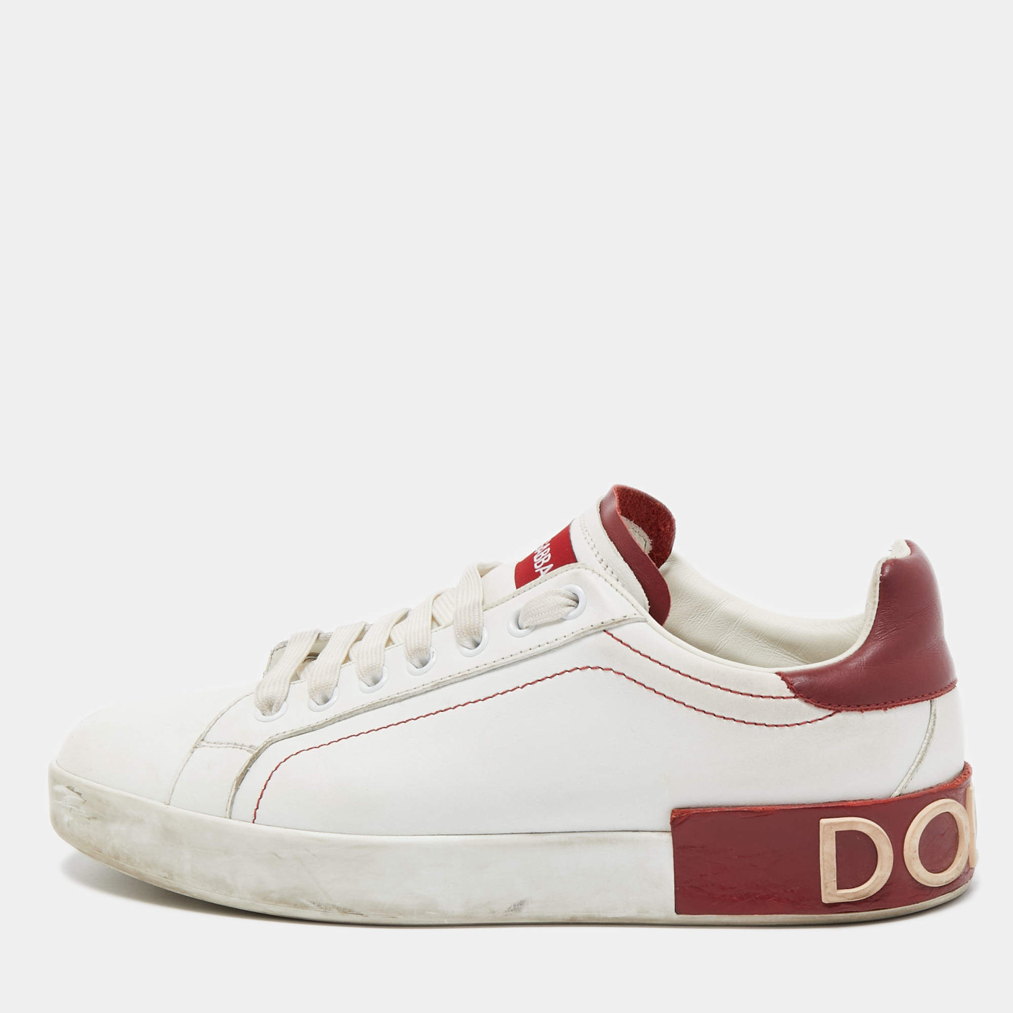 مملوكة مسبقًا Dolce & Gabbana White/Red Leather Portofino Low Top Sneakers Size 39.5