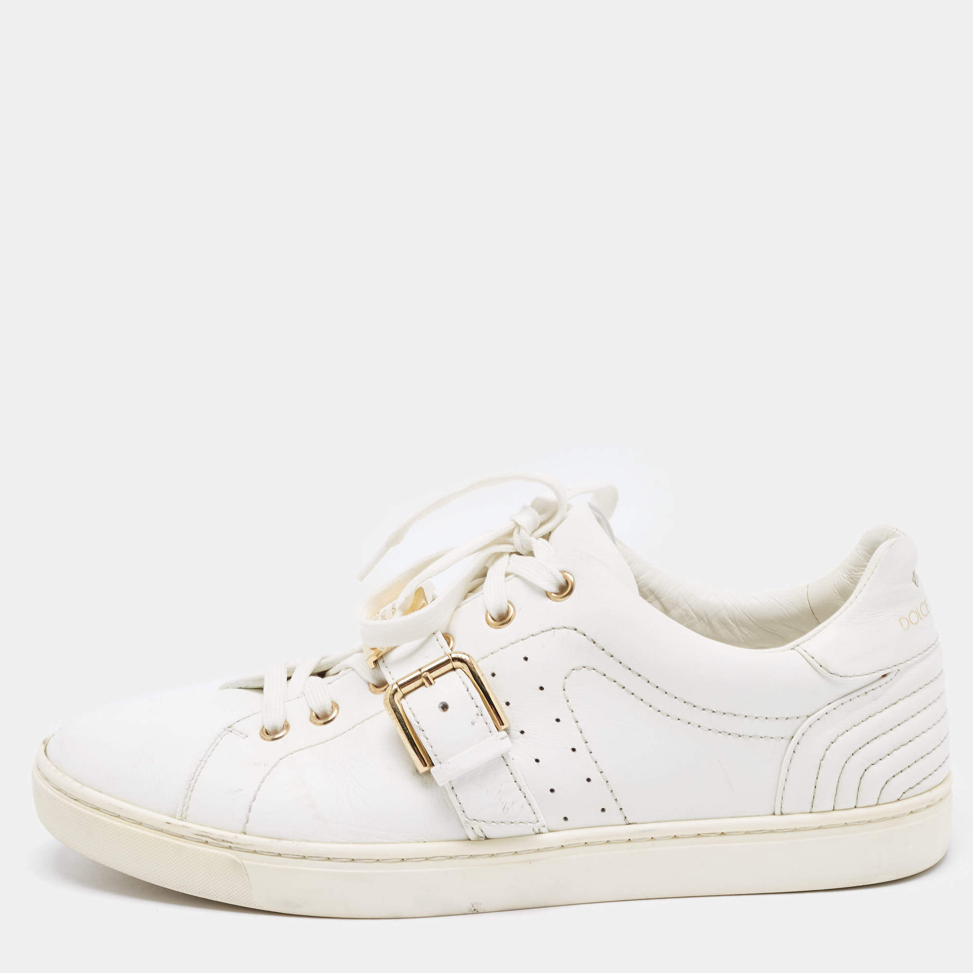 Dolce & Gabbana White Leather Lace Up And Buckle Low Top Sneakers Size 41