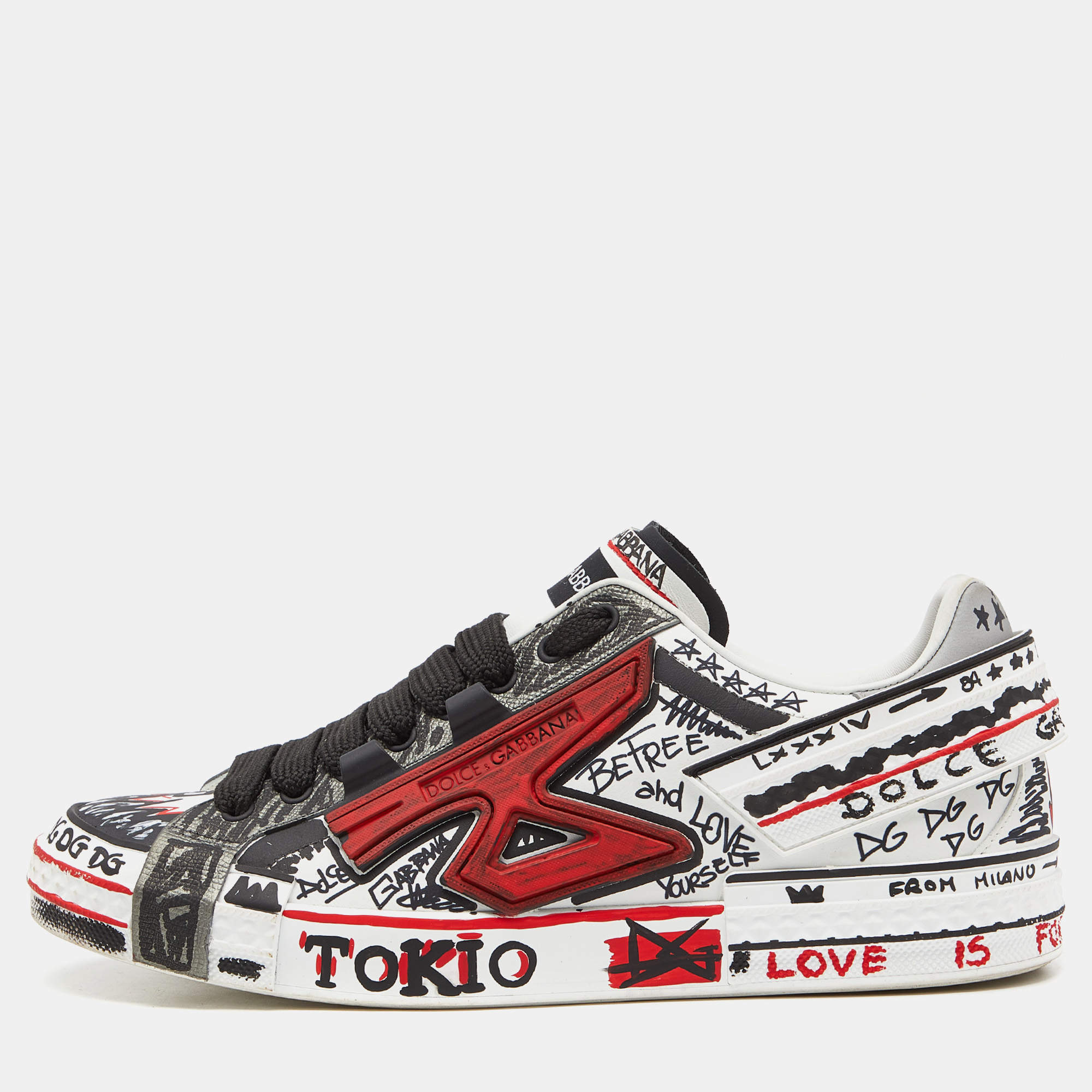 Dolce & Gabbana Tricolor Leather Graffiti Print Portofino Sneakers Size 43