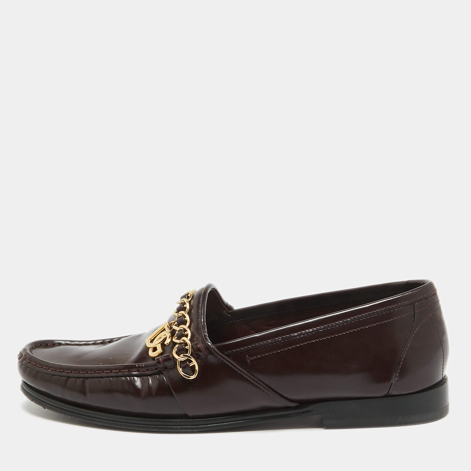 Dolce & Gabbana Burgundy Patent DG Chain Slip On Loafers Size 42