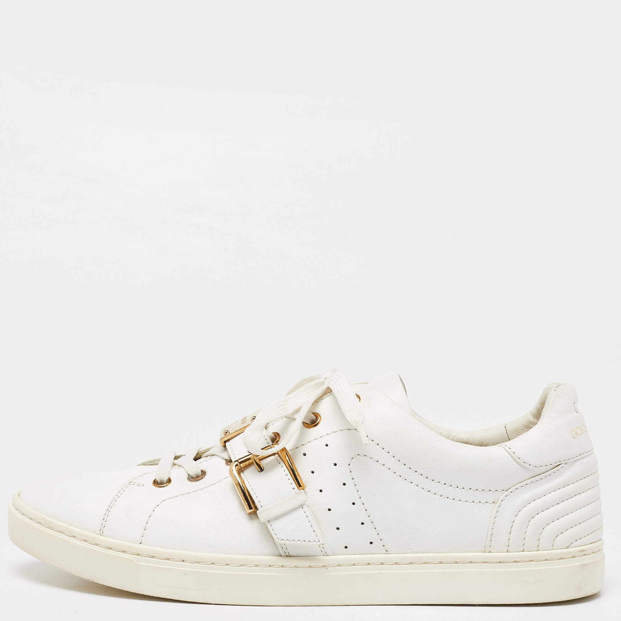 Dolce and Gabbana White Leather Buckle Detail Low Top Sneakers Size 43