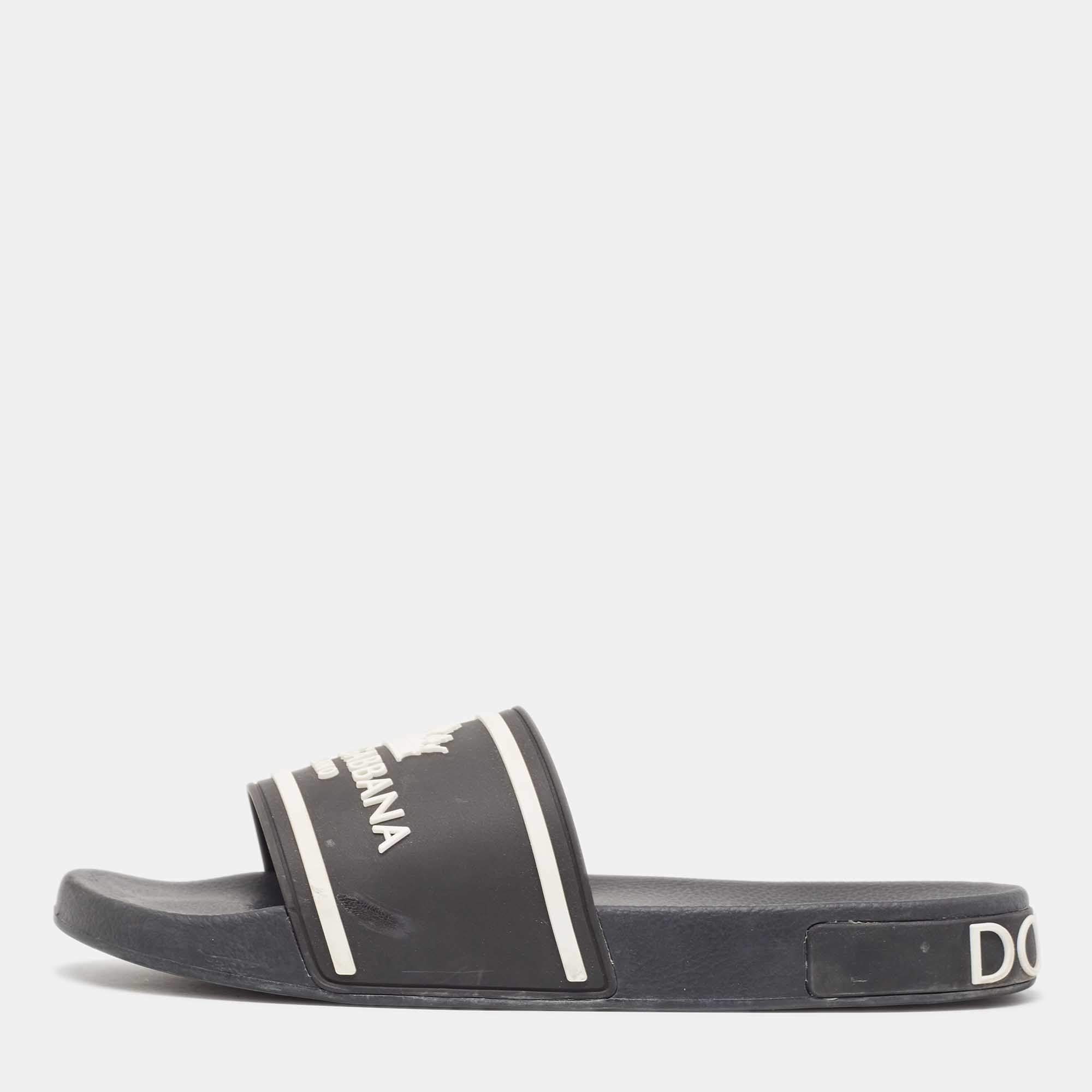 Dolce & Gabbana Black Rubber Crown Logo Flat Slides Size 44