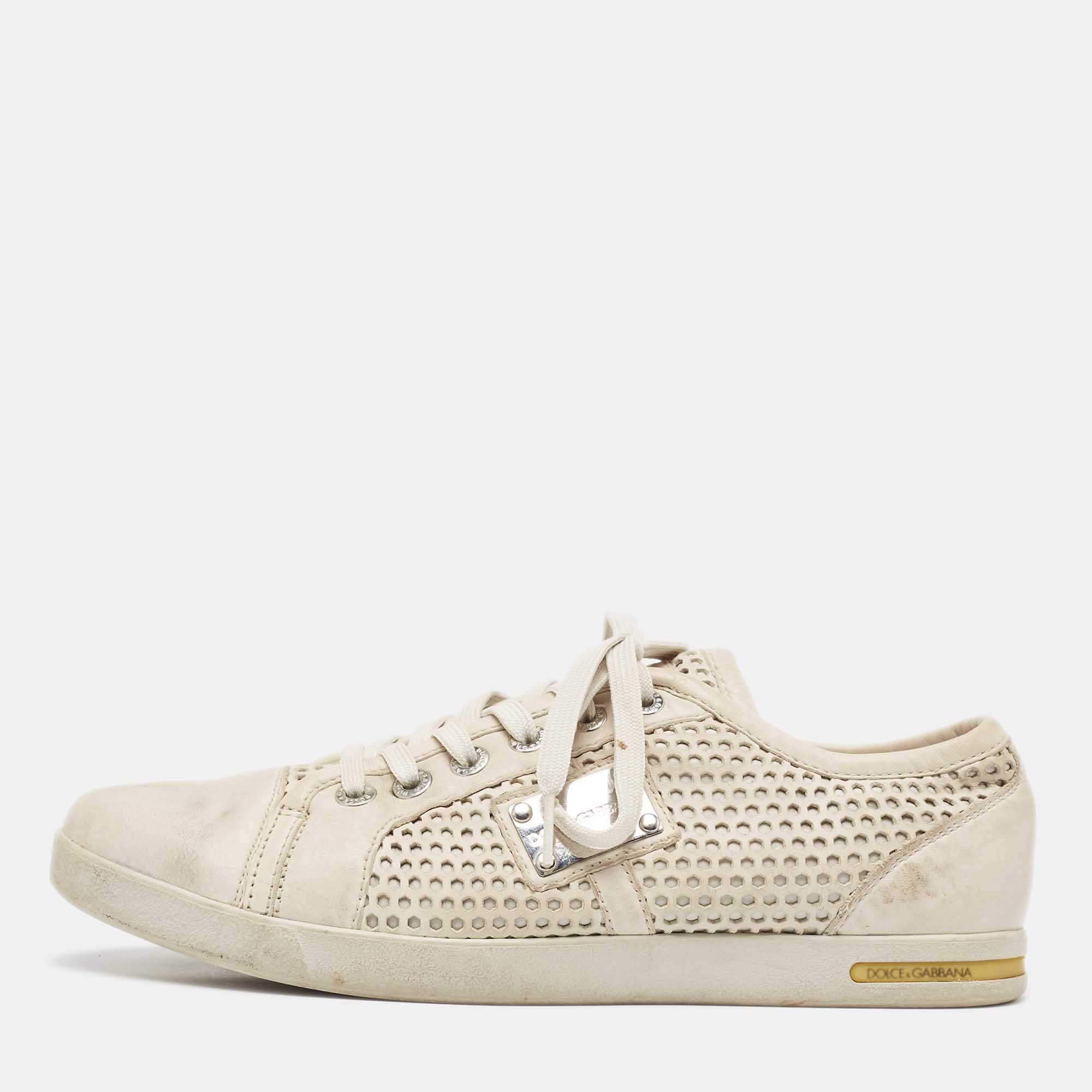 Dolce & Gabbana White Laser Cut Leather Low Top Sneakers Size 42