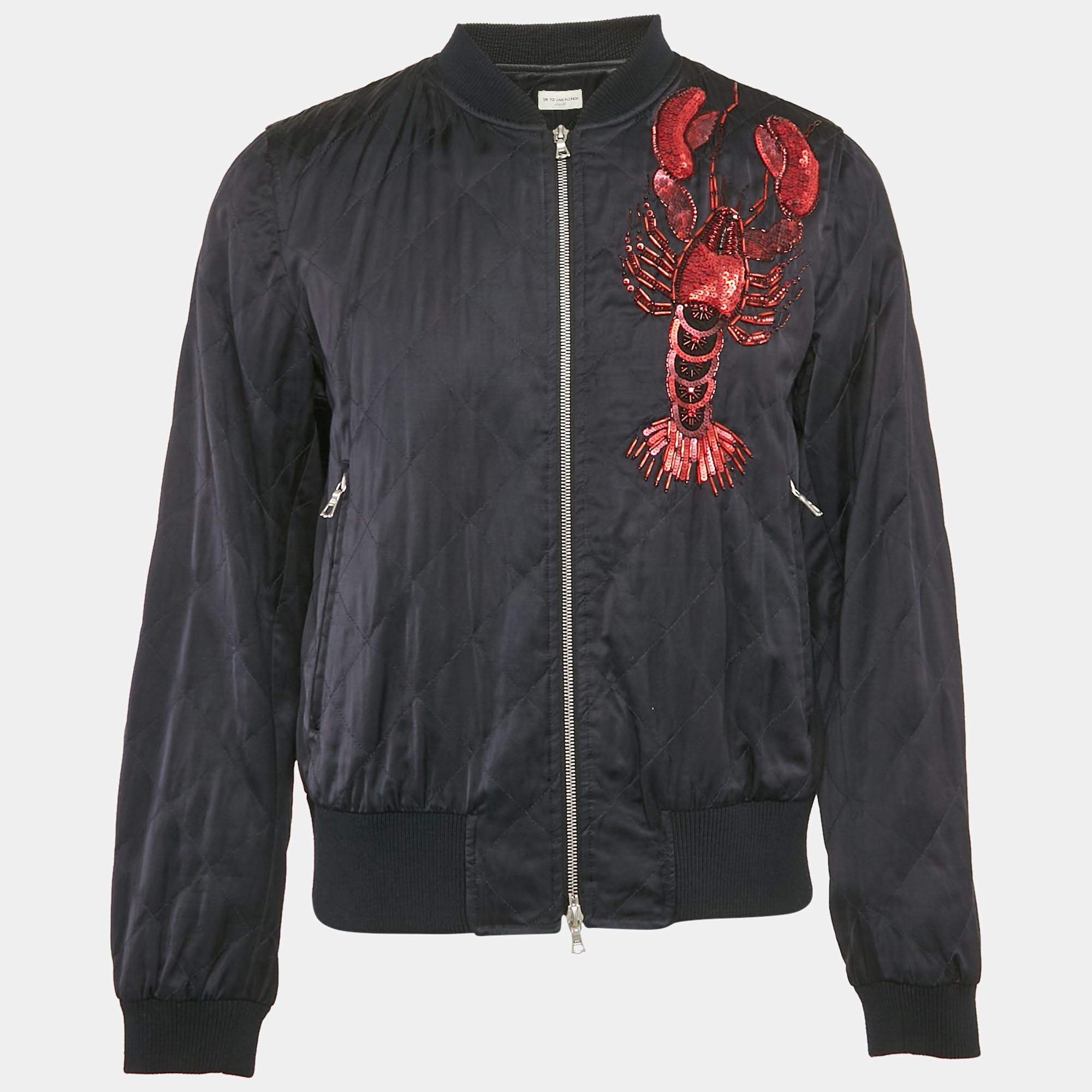 Dries van Noten Black Quilted Cotton Blend Scorpio Embellish Detail Zip-Up Jacket L