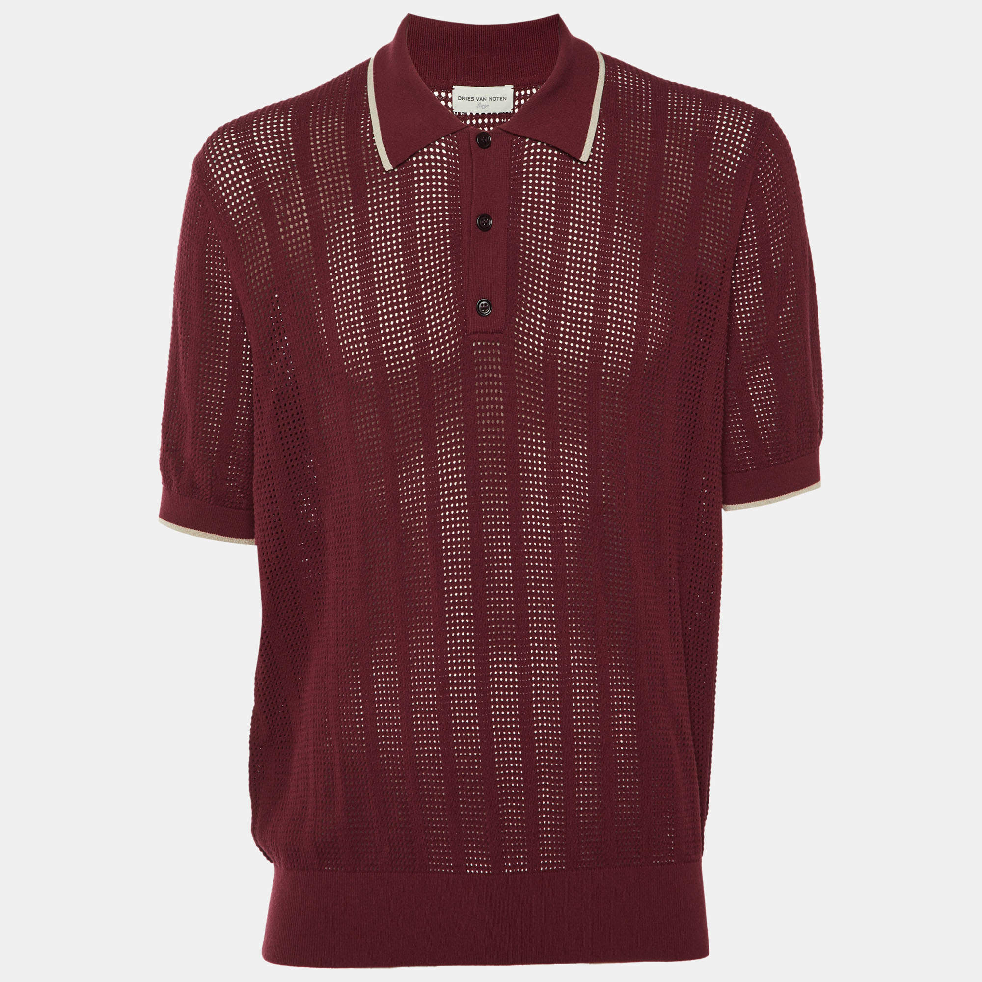 Pre Owned Dries van Noten Maroon Perforated Knit Polo T-Shirt L