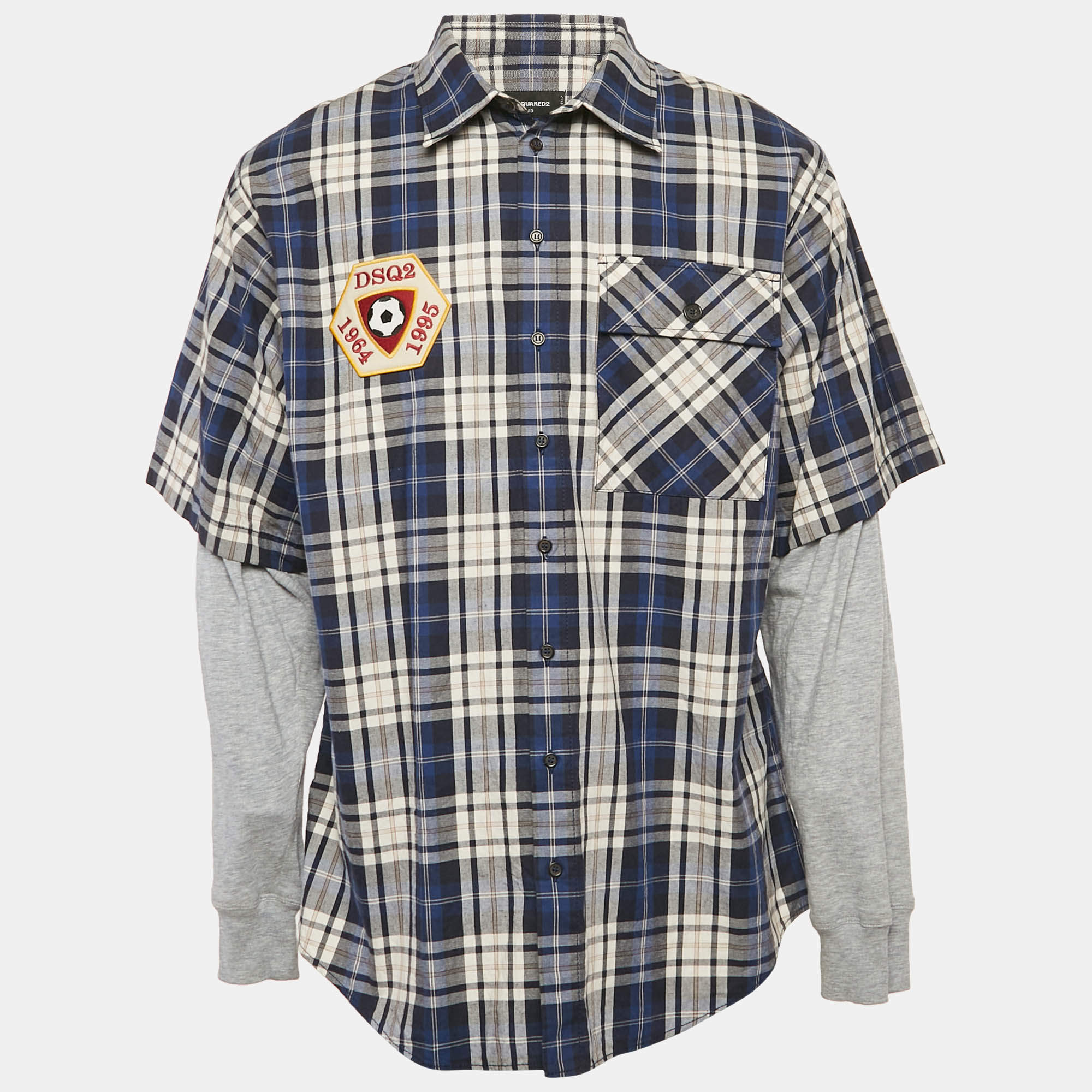 Dsquared2 Blue Tartan Checks Cotton and Jersey Sleeve Shirt L