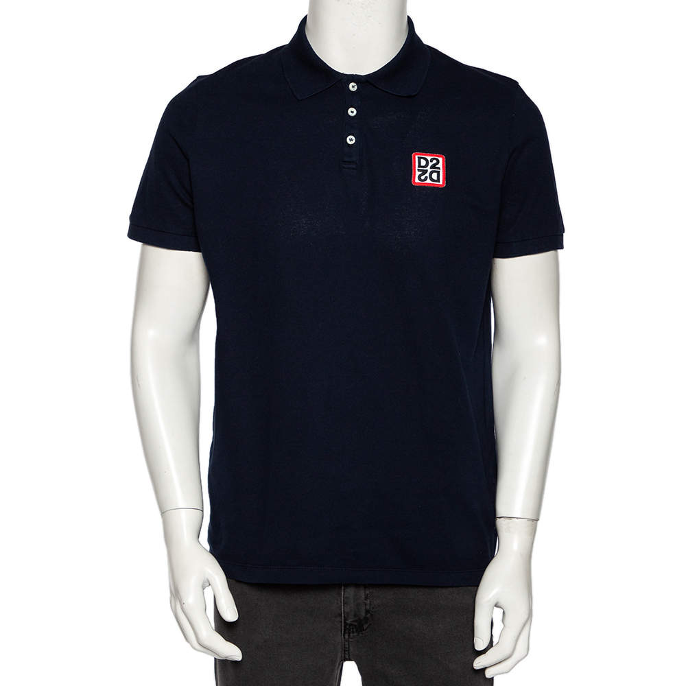 Pre Owned Dsquared2 Navy Blue Cotton Pique Logo Patch Detail Polo T-Shirt L