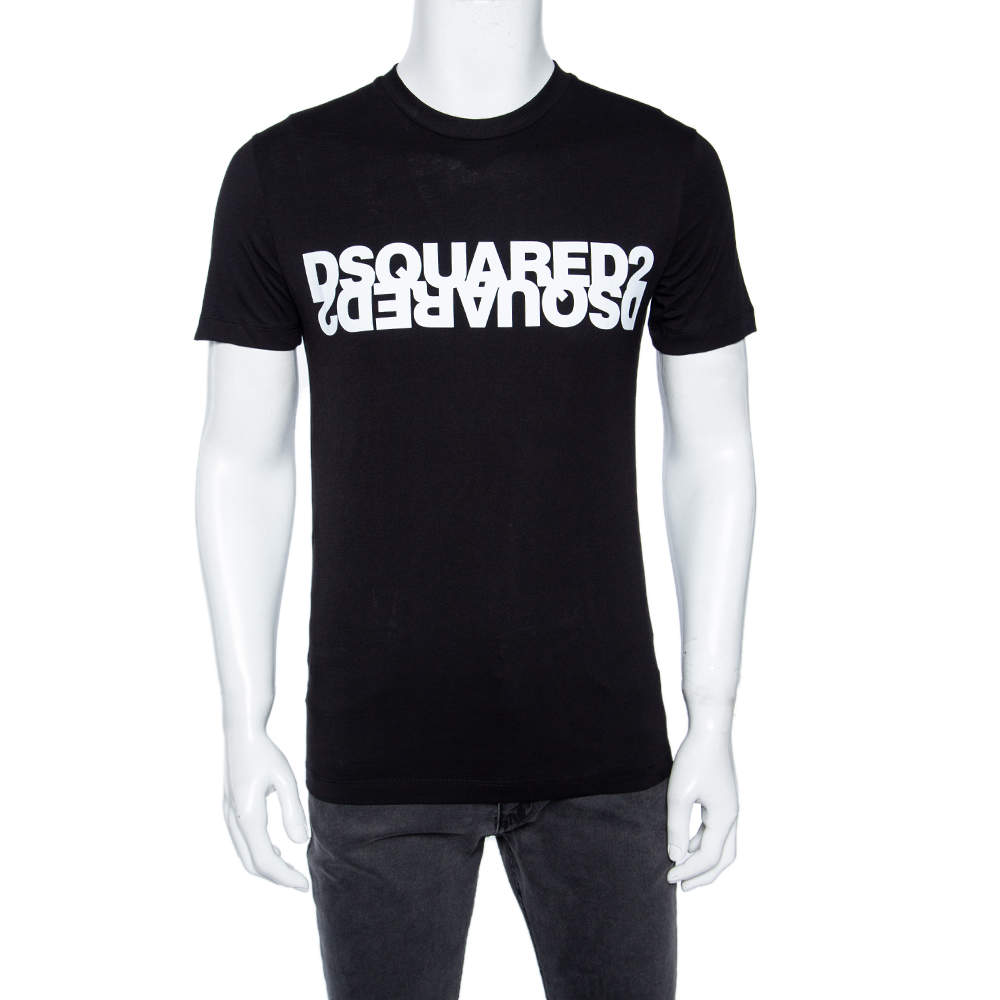 Pre Owned Dsquared2 Black Double Logo Print Cotton Crewneck T-Shirt S