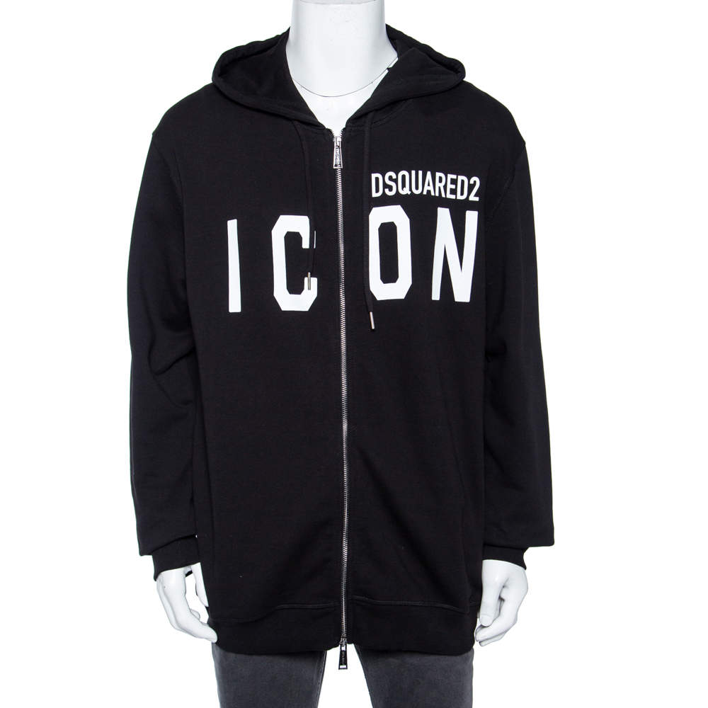 Dsquared2 Black Icon Logo Printed Cotton Zip Front Hooded Jacket XXL