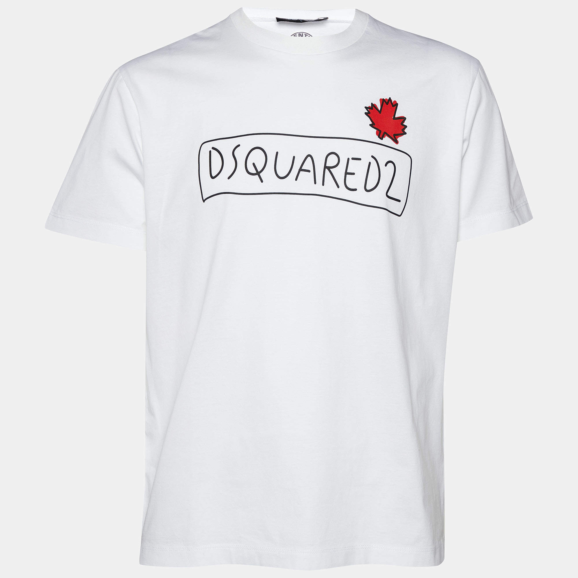 Pre Owned Dsquared2 White Maple Leaf Logo Print Cotton Supercrew Fit T-Shirt L