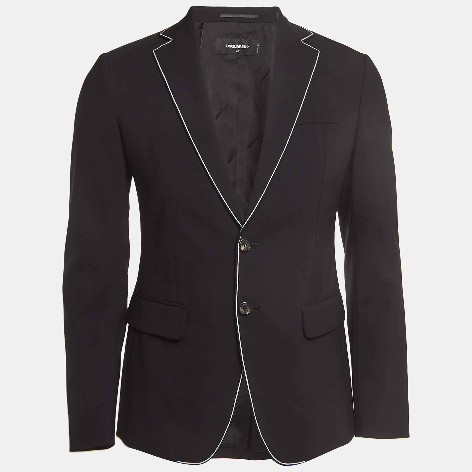 Dsquared2 Black Contrast Piping Print Wool Single Breasted Blazer S