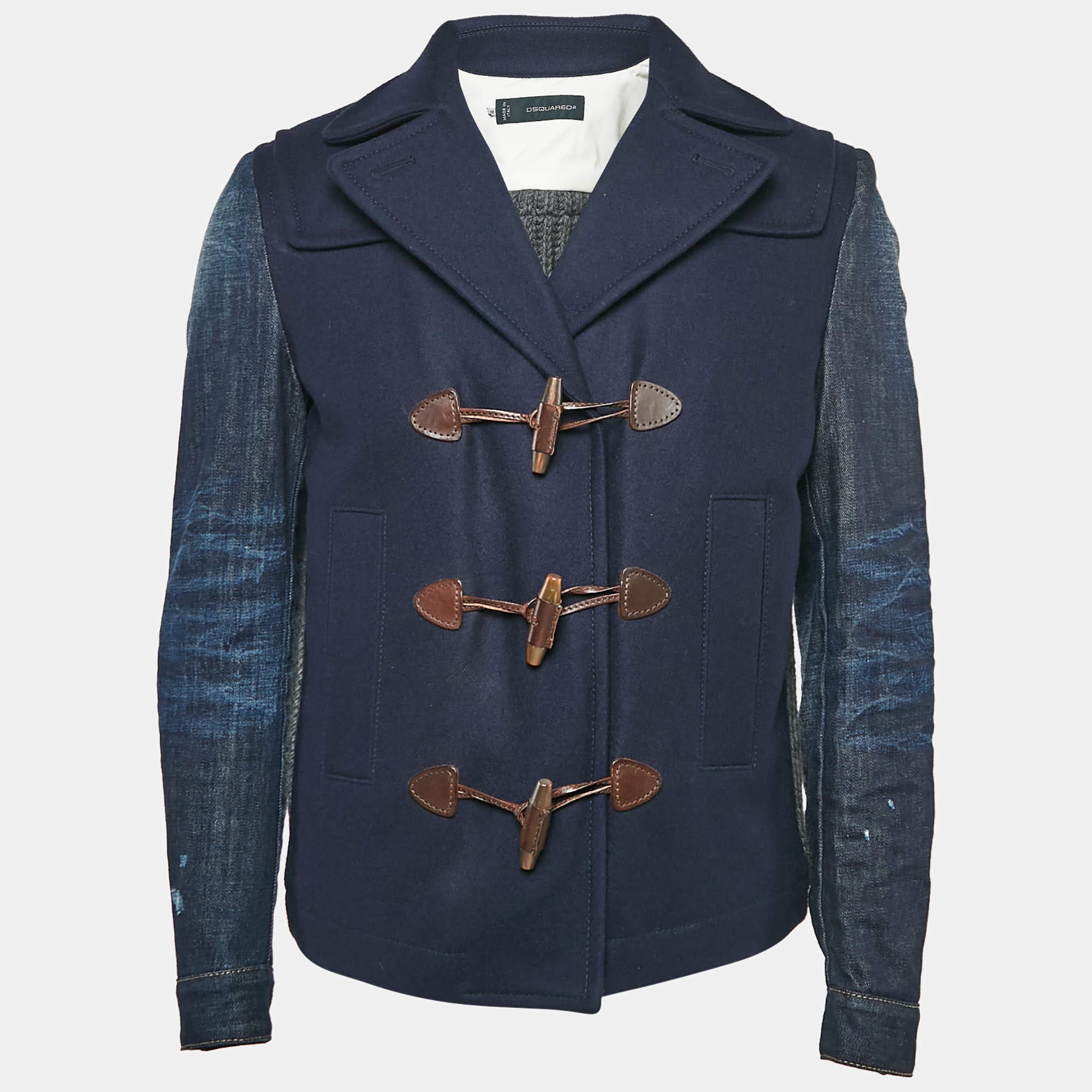 Dsquared2 Navy Blue Wool Knit and Denim Short Duffle Jacket M