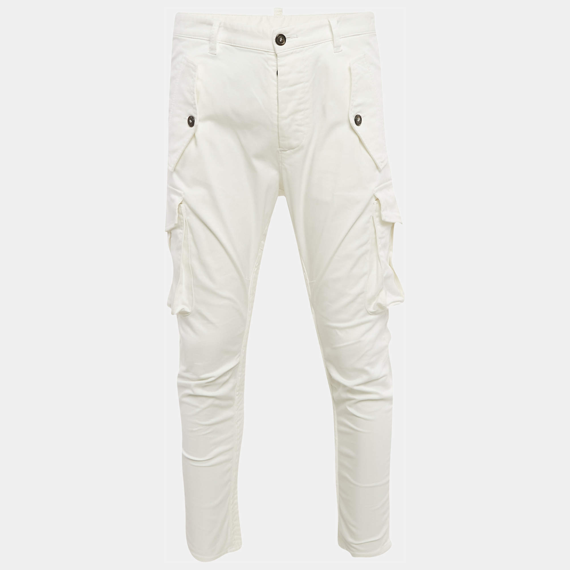 Pre Owned Dsquared2 White Cotton Shirring Detail Cargo Pants M